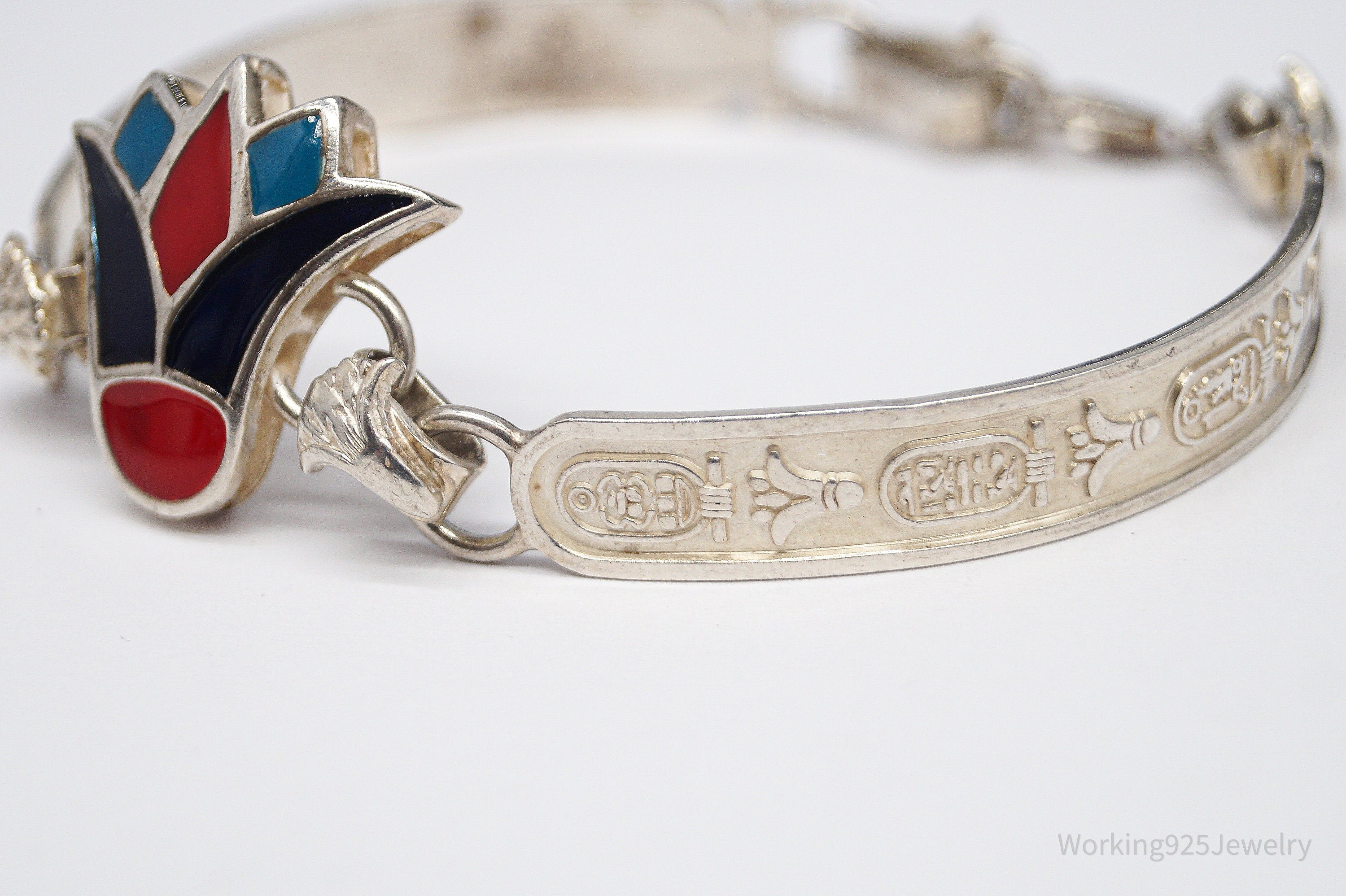 Vintage Egyptian Enamel Lotus & Cartouche Silver Bracelet - 7.25"