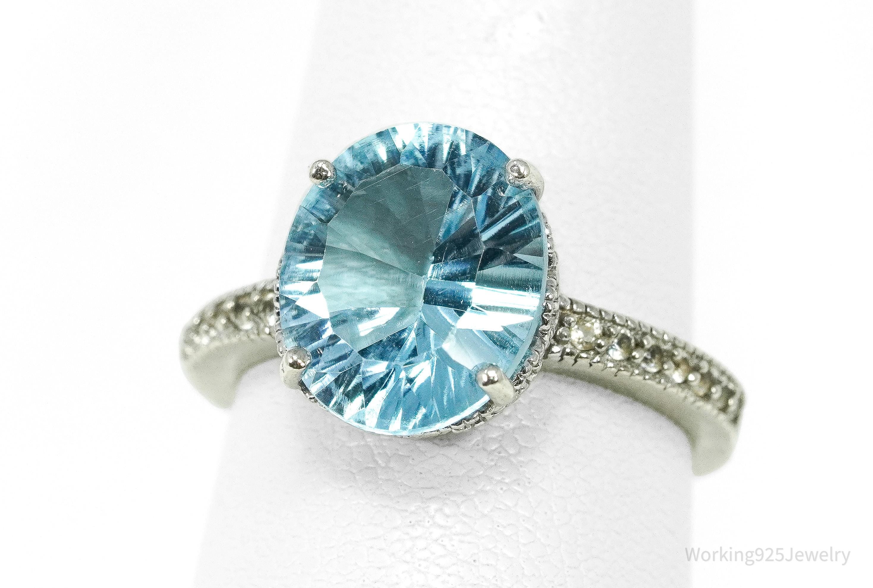 Vintage Blue & White Topaz Sterling Silver Ring - Size 7.25