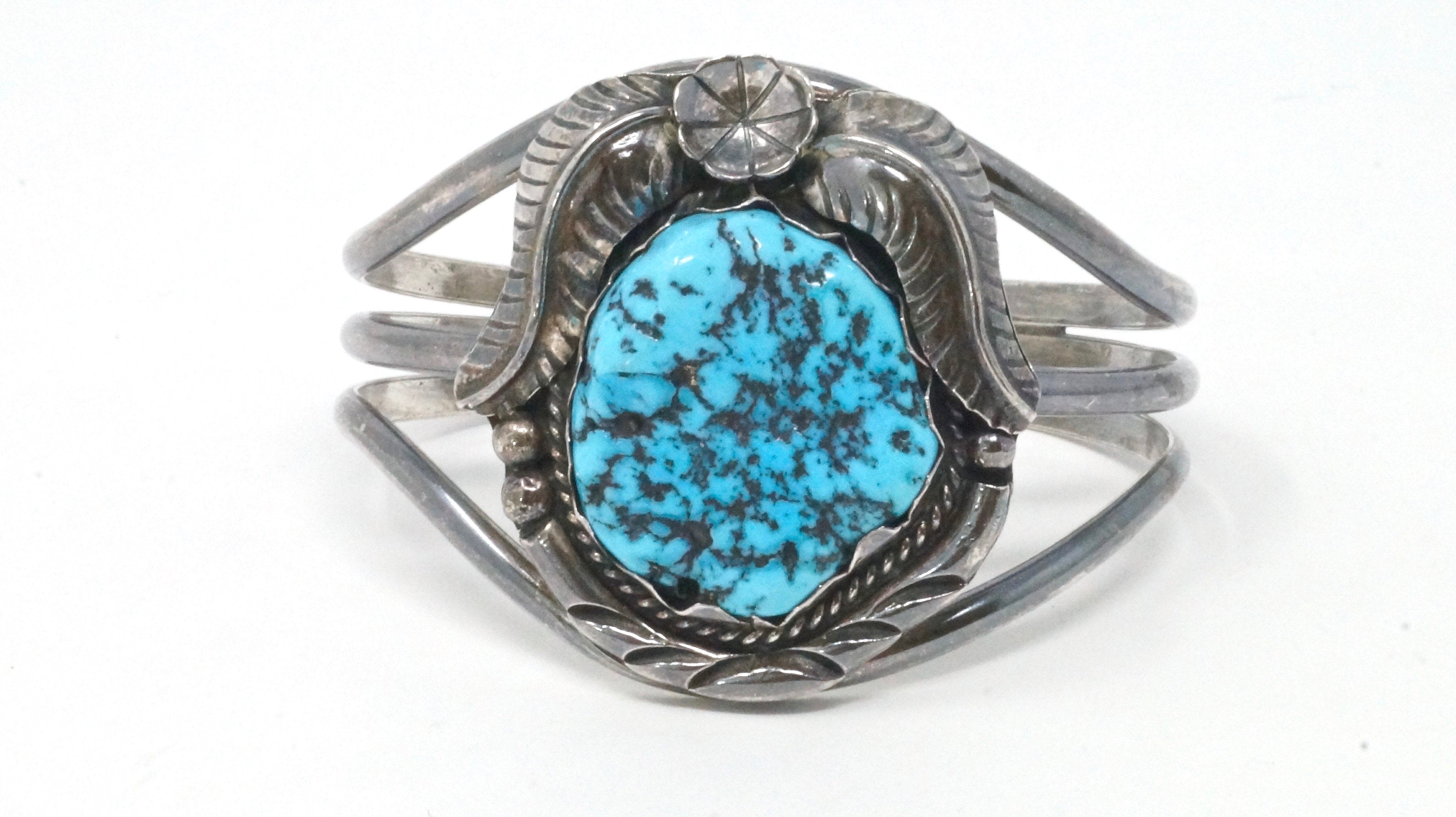 Vintage Native American M Bahe Large Turquoise Sterling Silver Cuff Bracelet