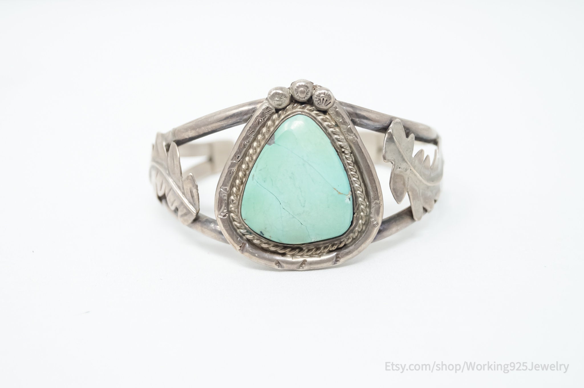 Vintage Native Handmade Unsigned Turquoise Sterling Silver Cuff Bracelet