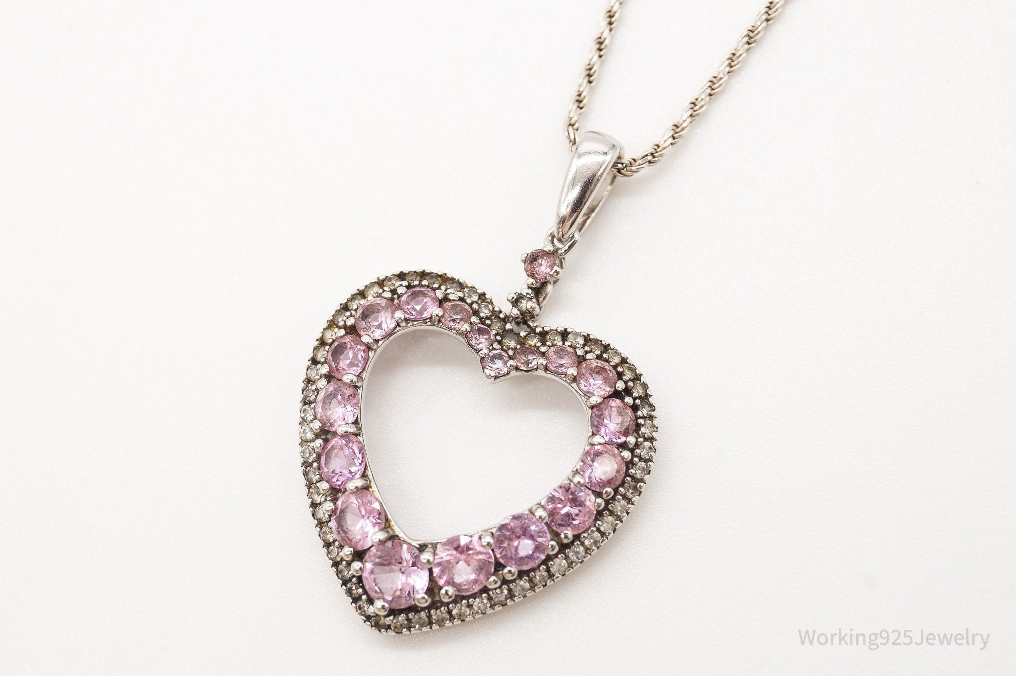 Vintage Pink & White Cubic Zirconia Heart Sterling Silver Necklace