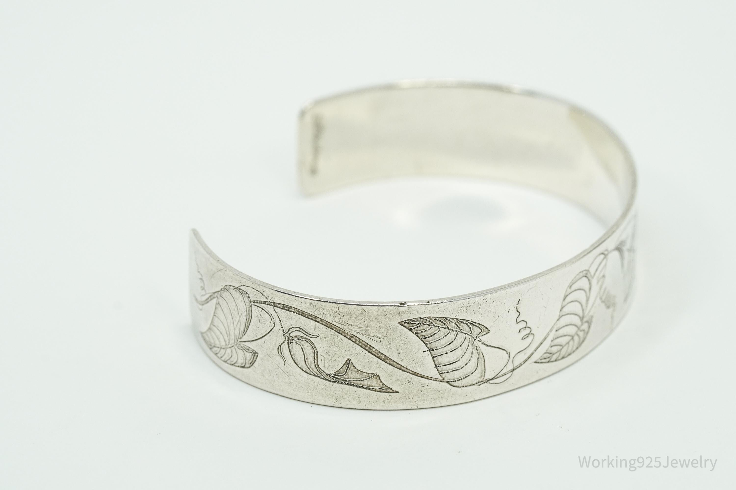 Vintage Floral Pattern Flowers Sterling Silver Cuff Bracelet 6.75"