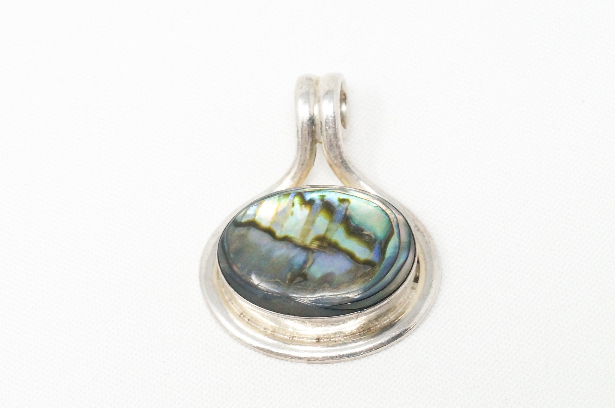 Vintage Mexico Designer Paua Abalone Shell Southwestern Sterling Silver Pendant