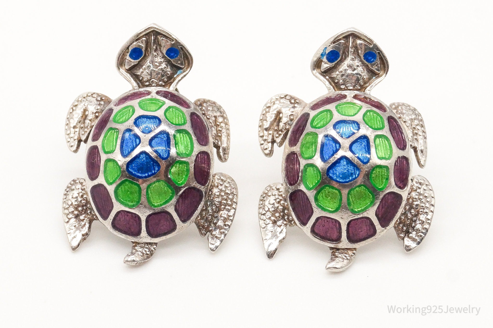 Vintage Enamel Sea Turtles 980 Silver Earrings