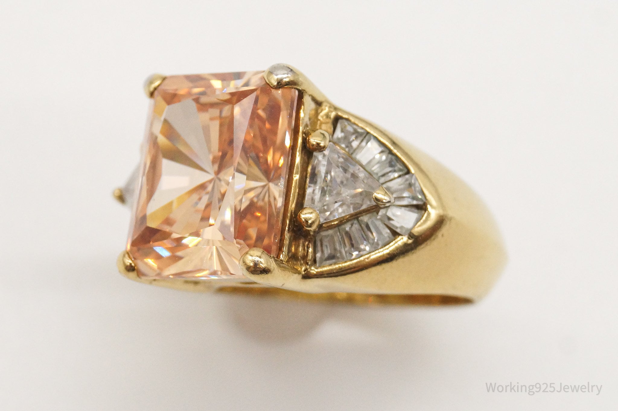 Vintage Orange & White Cubic Zirconia Gold Vermeil Sterling Silver Ring - SZ 6