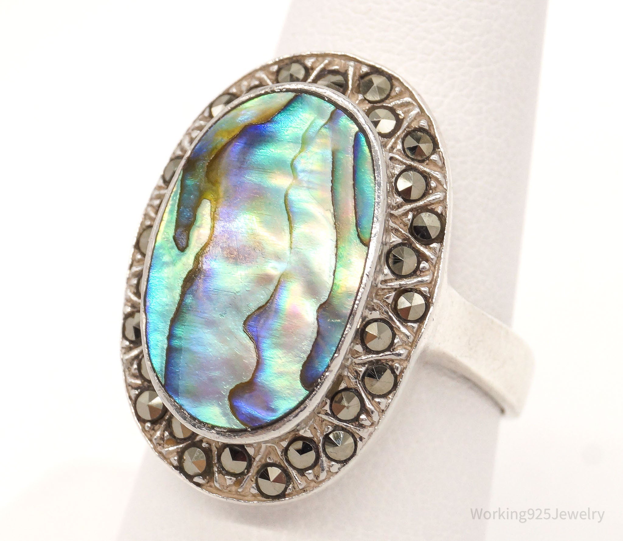 Vintage Paua Abalone Shell Marcasite Sterling Silver Ring - Size 8