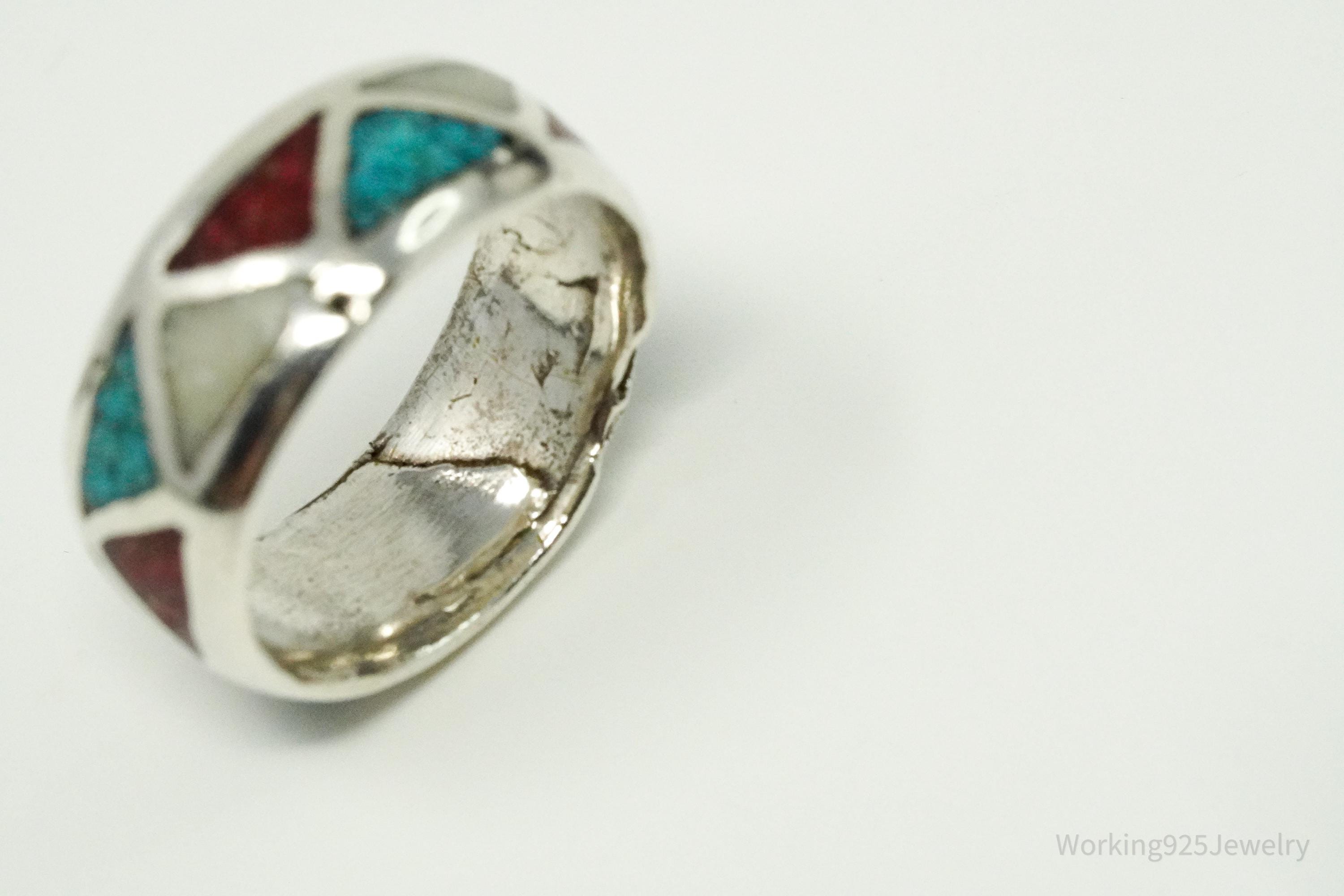 Vintage Native American Stone Inlay Unsigned Silver Ring - Size 7.25
