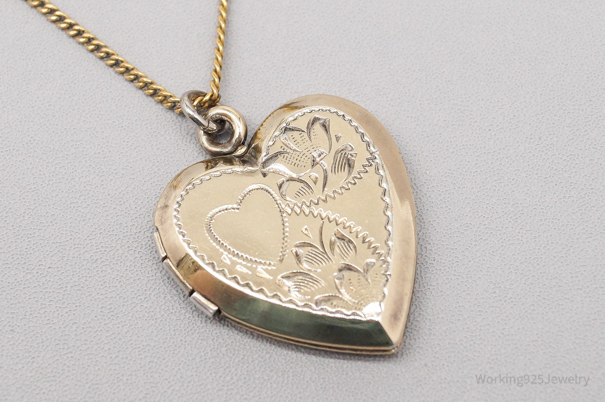 Antique S & C 12K Gold Filled Heart Locket Sterling Silver Necklace - 18"