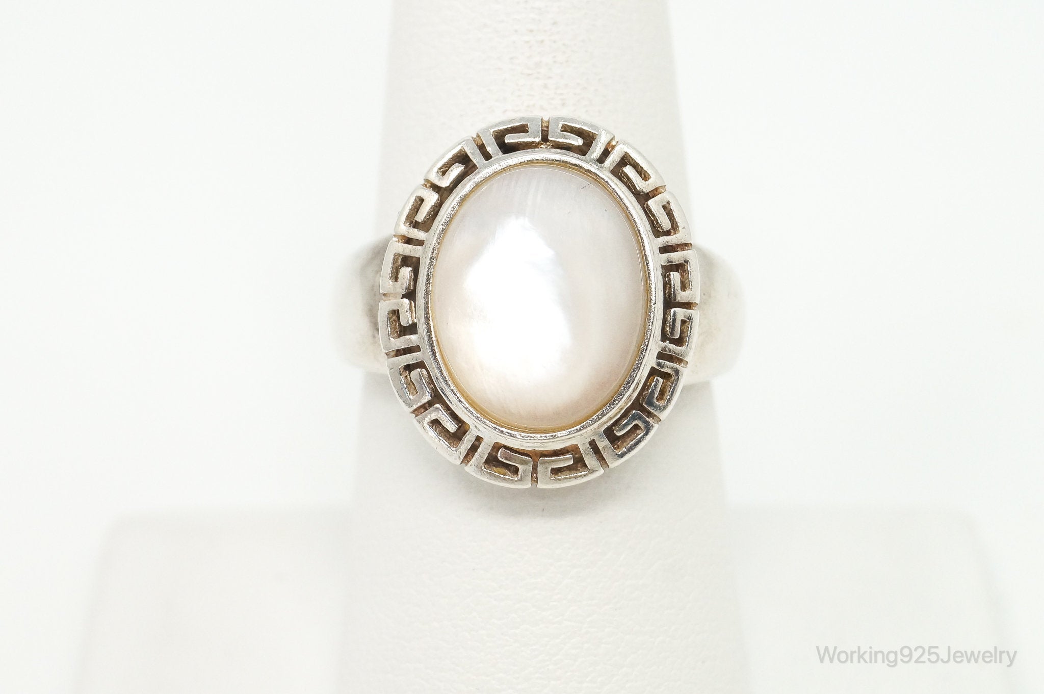 VTG Designer DV Mother Of Pearl Greek Key Design Sterling Silver Ring - SZ 8