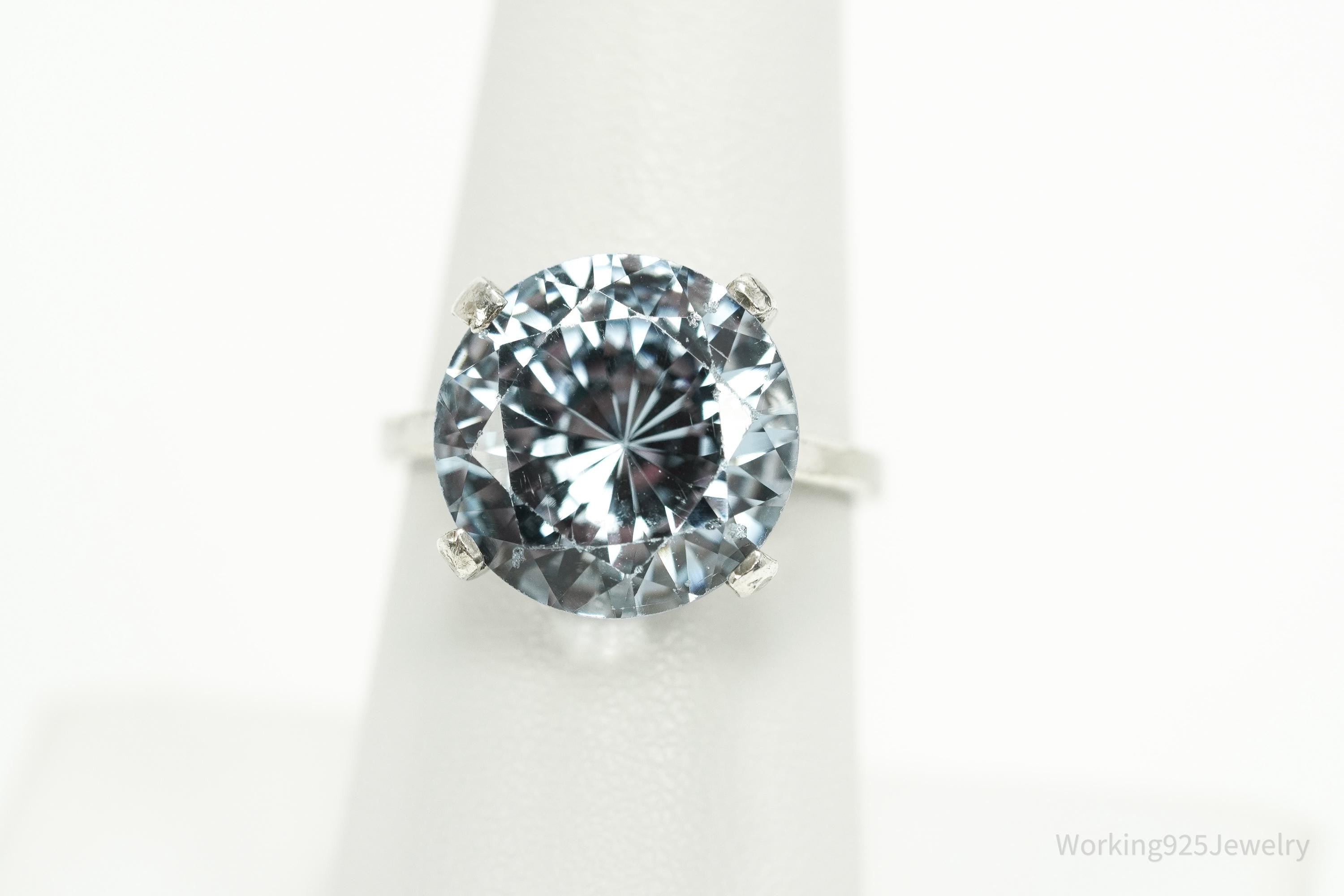 Vintage Large Light Blue Spinel Sterling Silver Rhodium Plated Ring - Size 7.25