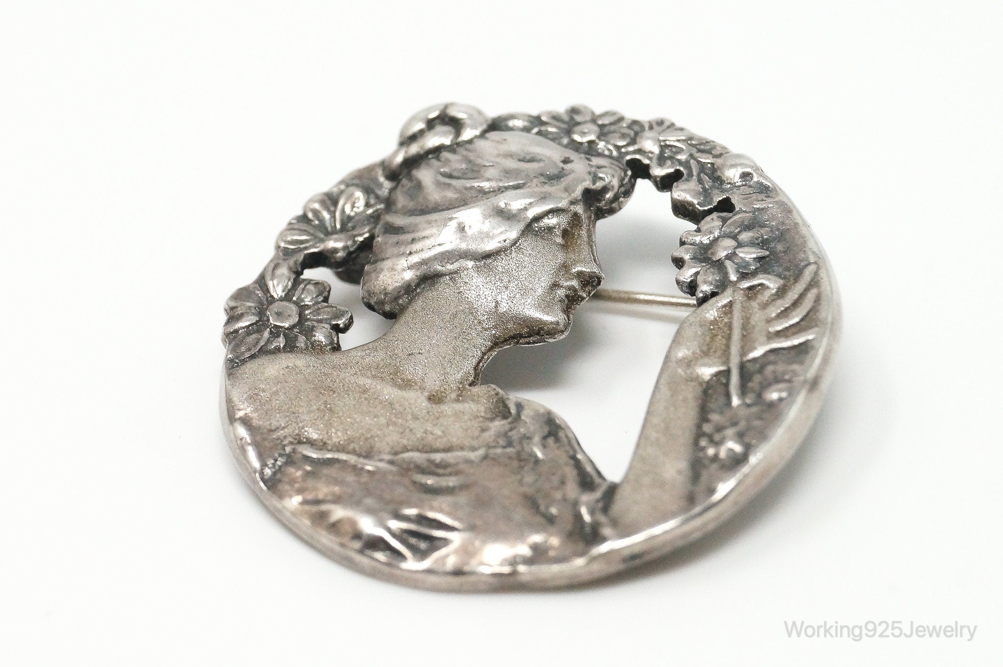 Vintage Large Cut Out Art Nouveau Woman Cameo Sterling Silver Pendant Pin