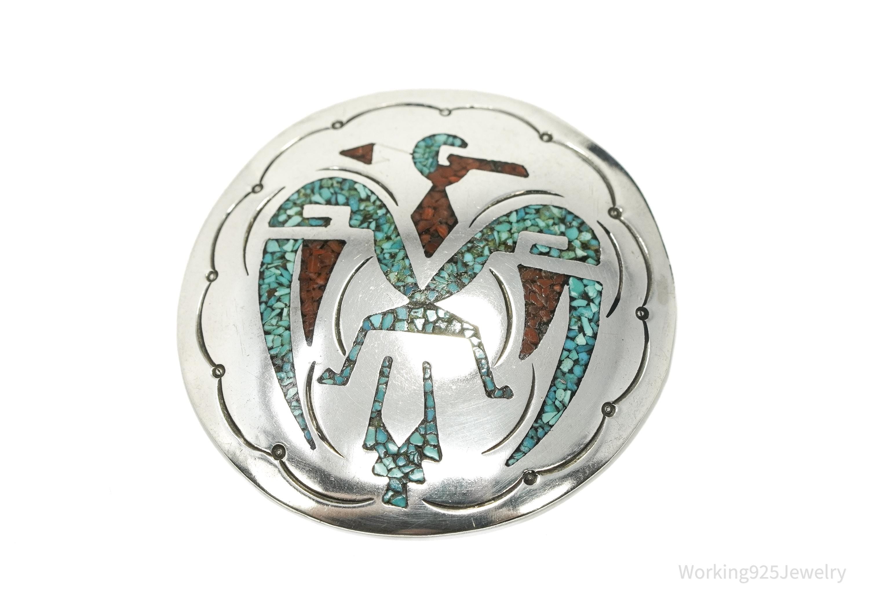 Large Vintage Native American K Turquoise & Coral Inlay Silver Necklace Pendant