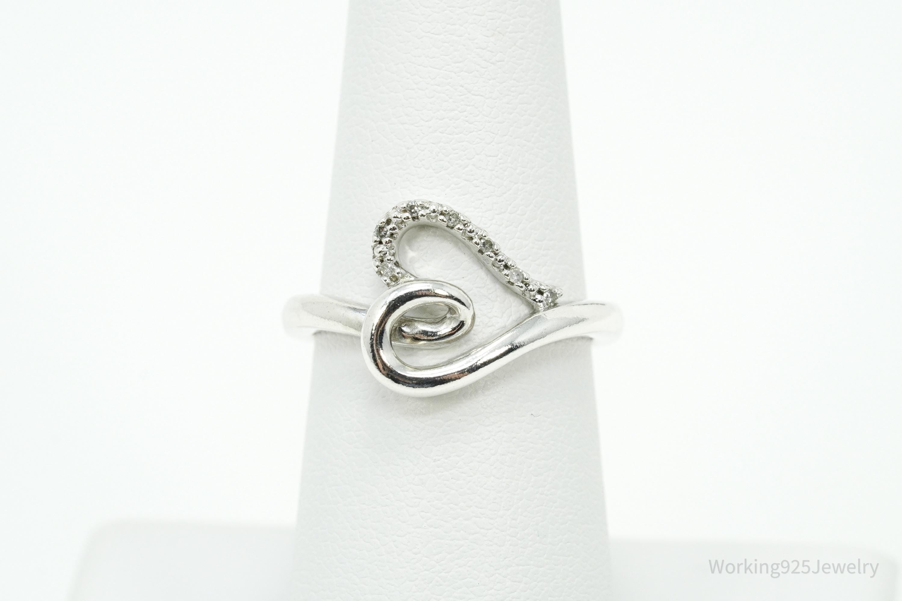 Vintage SUN White Diamond Heart Sterling Silver Ring - Size 6.75
