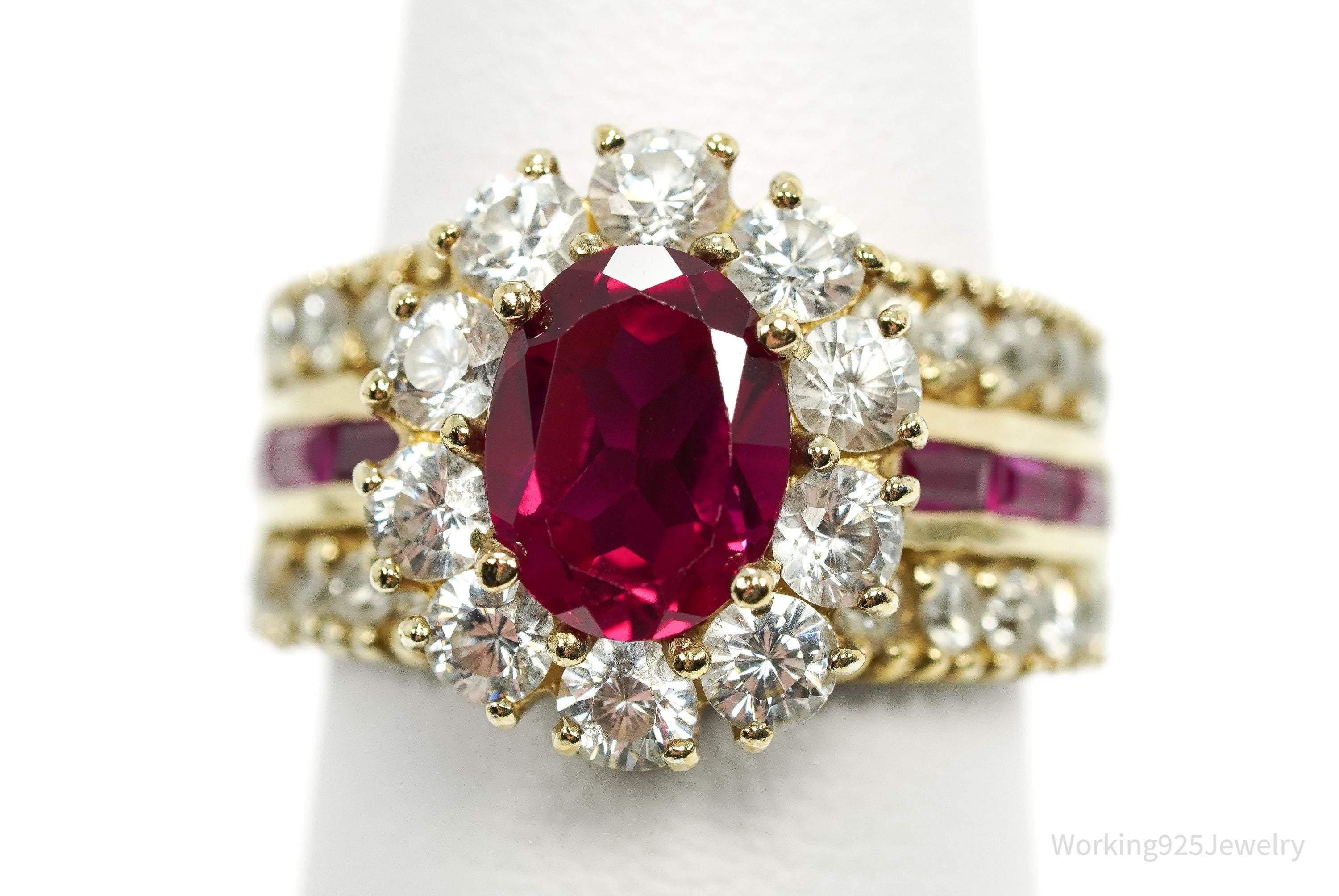Vintage Ruby & Cubic Zirconia Gold Vermeil Sterling Silver Ring Size 6.25