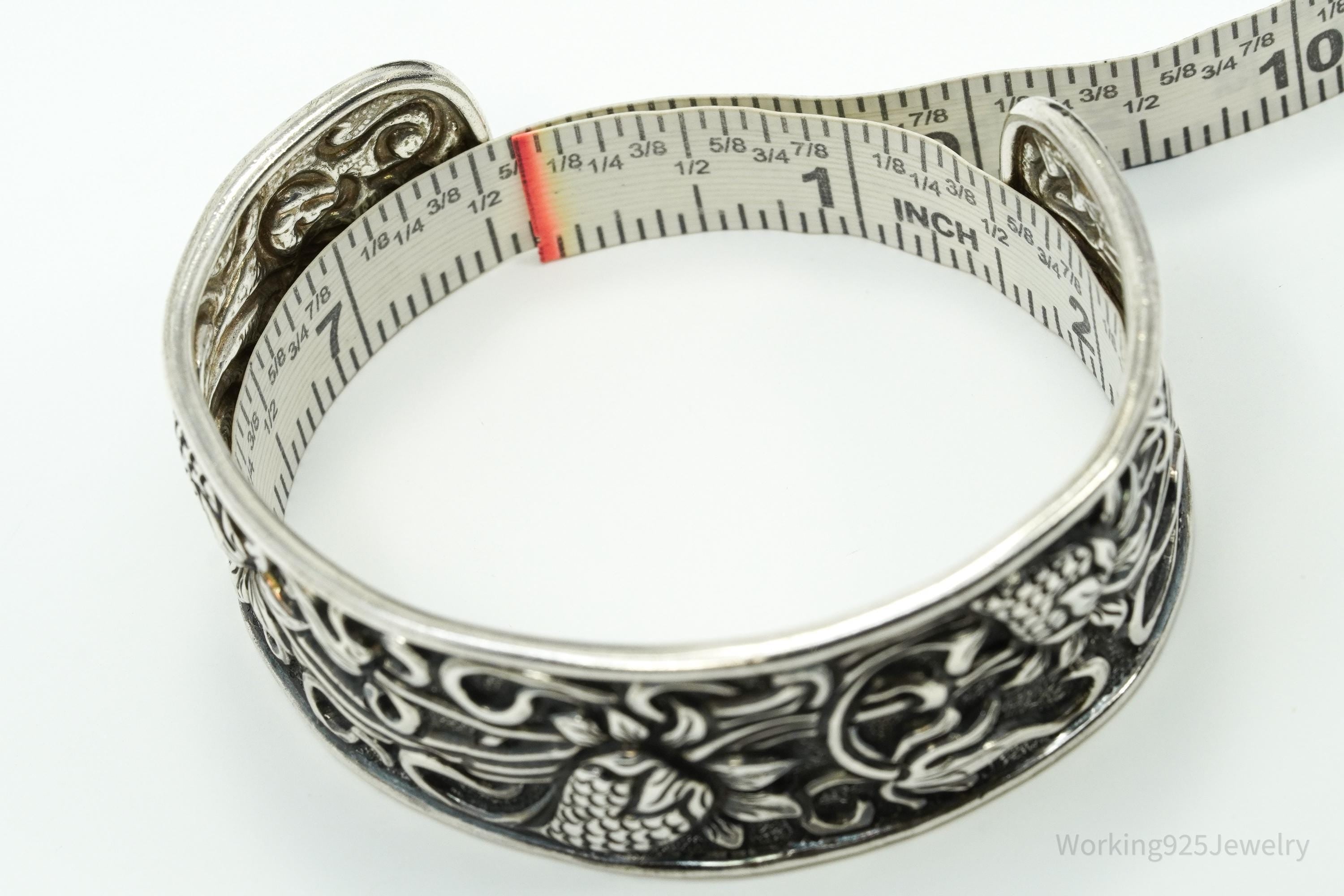 Vintage TIKA Strawberry Floral Pattern Repousse Sterling Silver Cuff Bracelet 7 5/8"