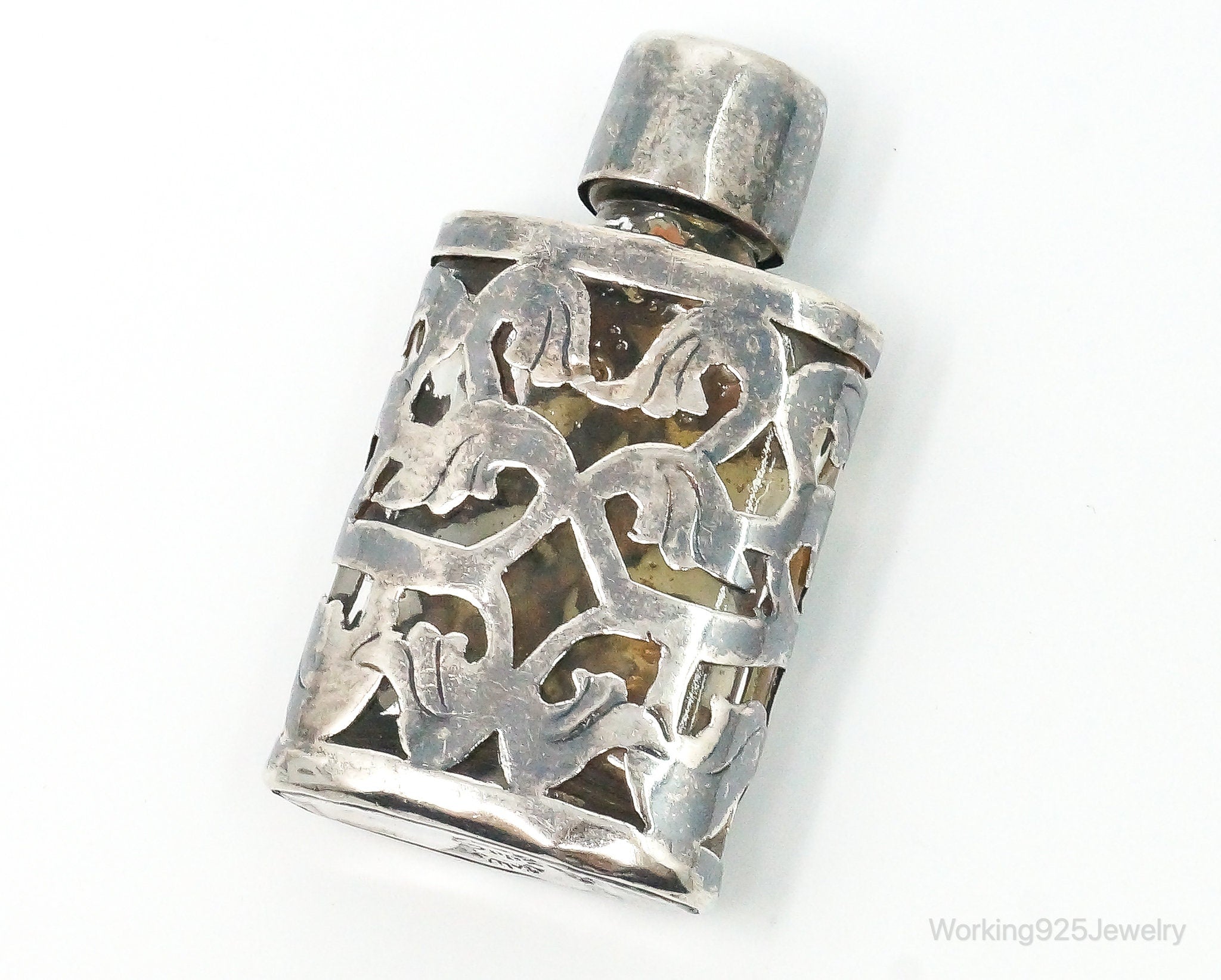 Vintage Mexico JJC Glass Perfume Sterling Silver Flask Bottle