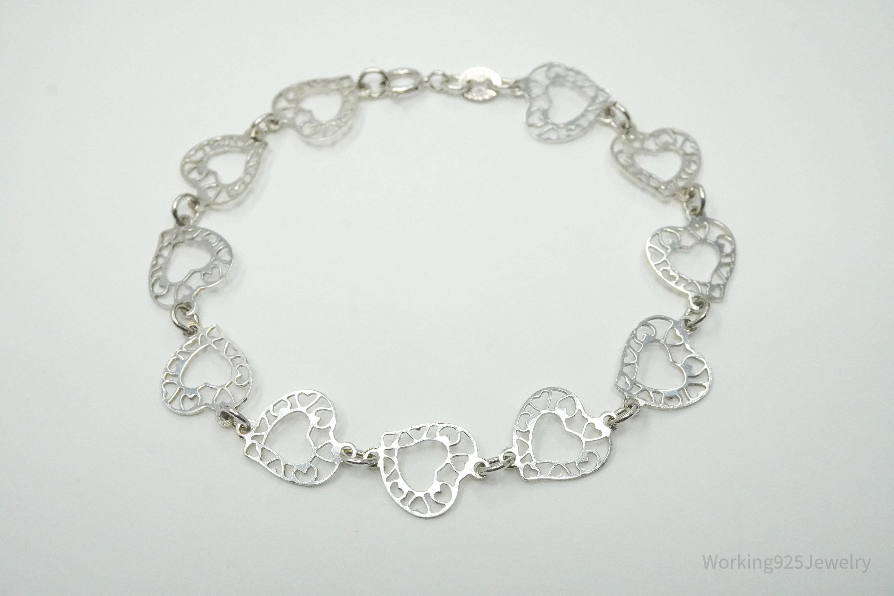 Vintage Linked Hearts Sterling Silver Bracelet 7.25"