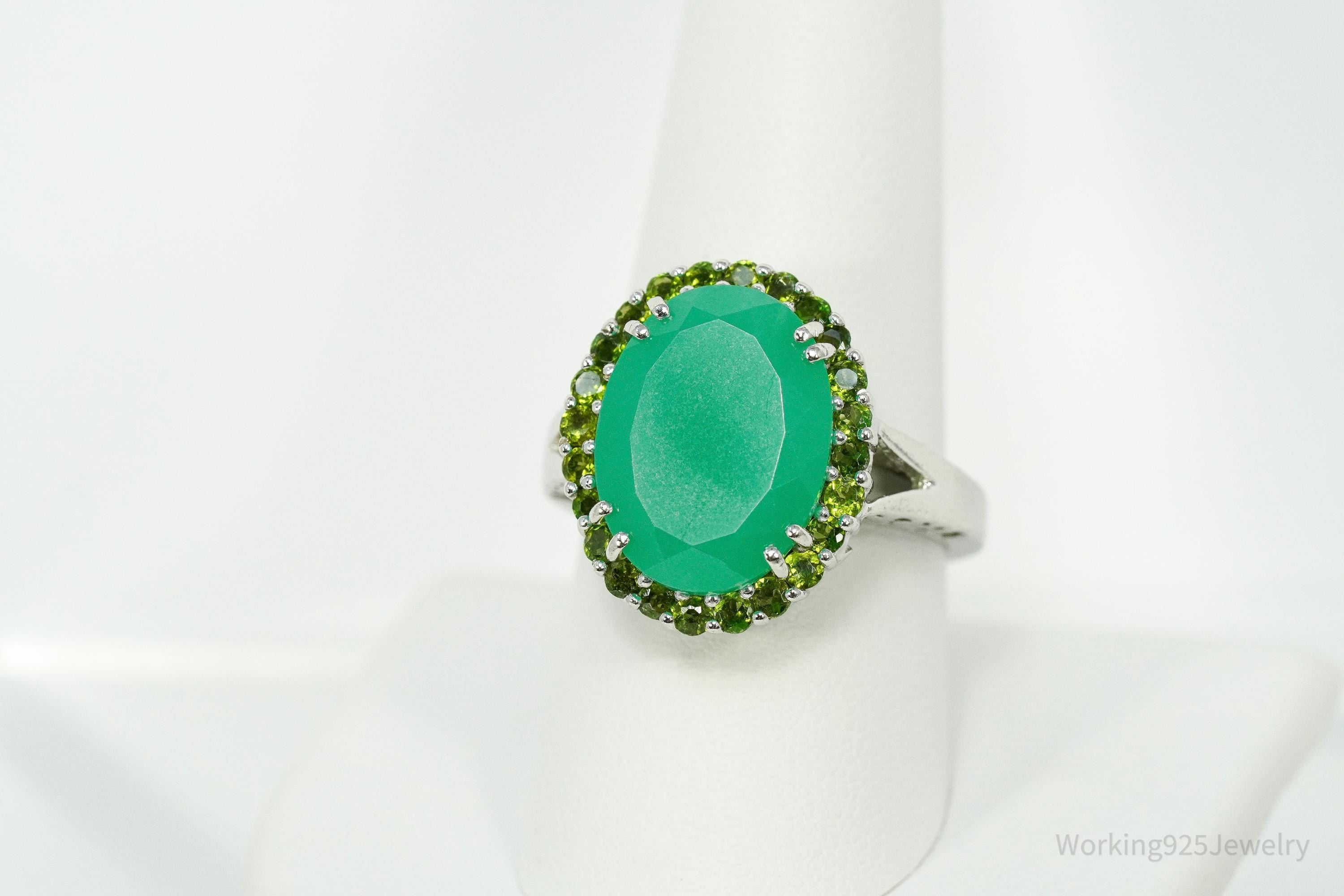 Vintage Green Chrysoprase & Peridot Sterling Silver Ring - Size 9.25