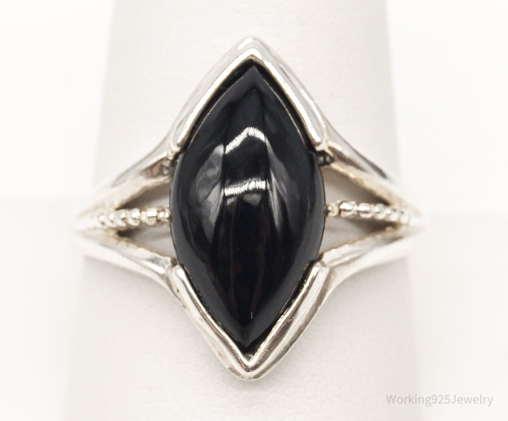 Vintage Large Black Onyx Sterling Silver Ring - Size 9.75