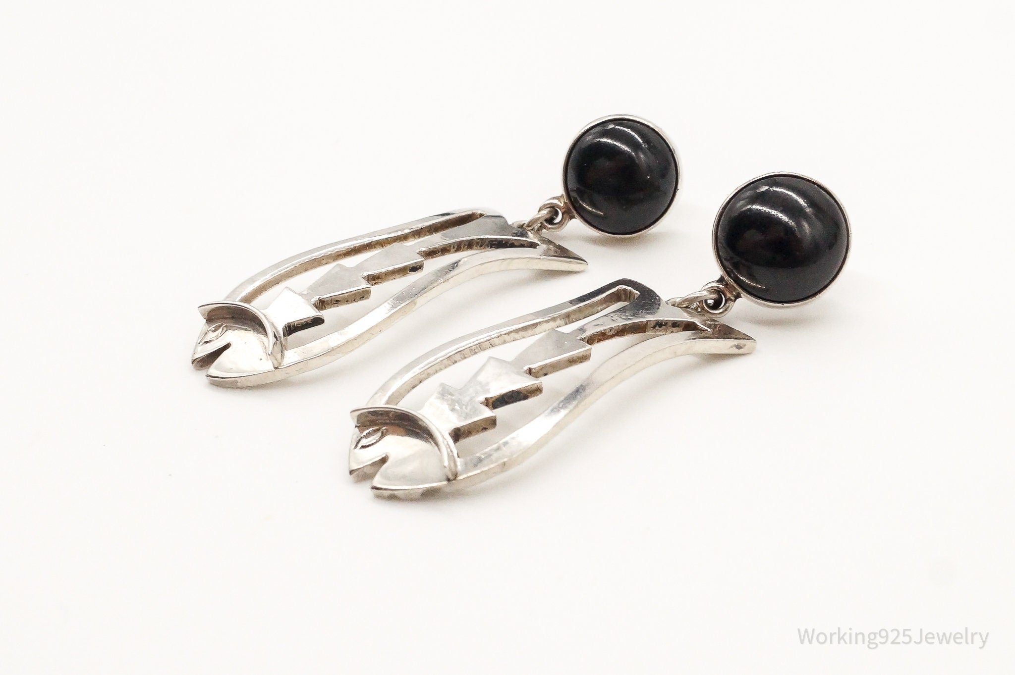 Vintage Mexico Modernist Black Onyx Fish Sterling Silver Earrings