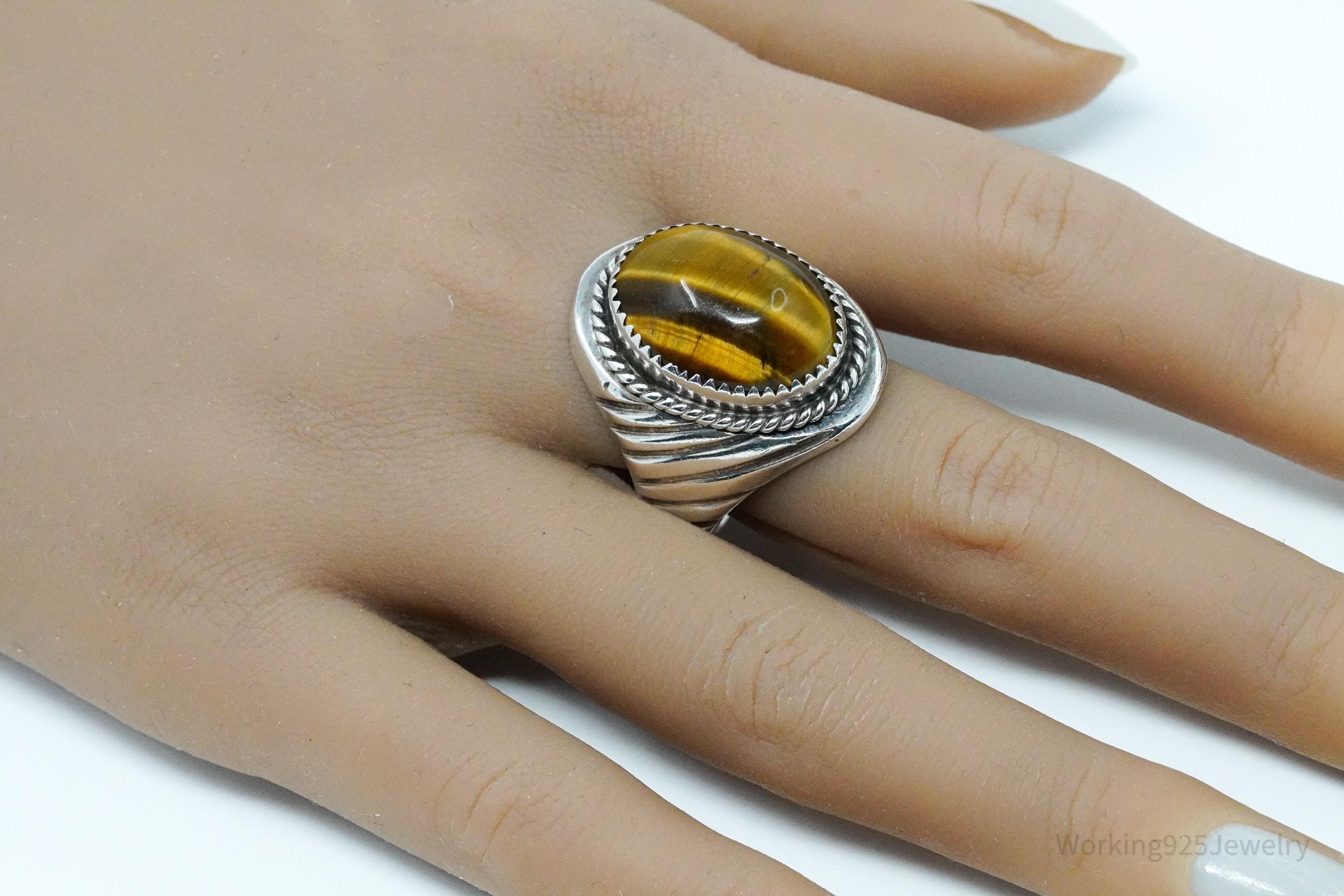 Vintage Native American Tiger's Eye Unsigned Silver Ring Size 12.25