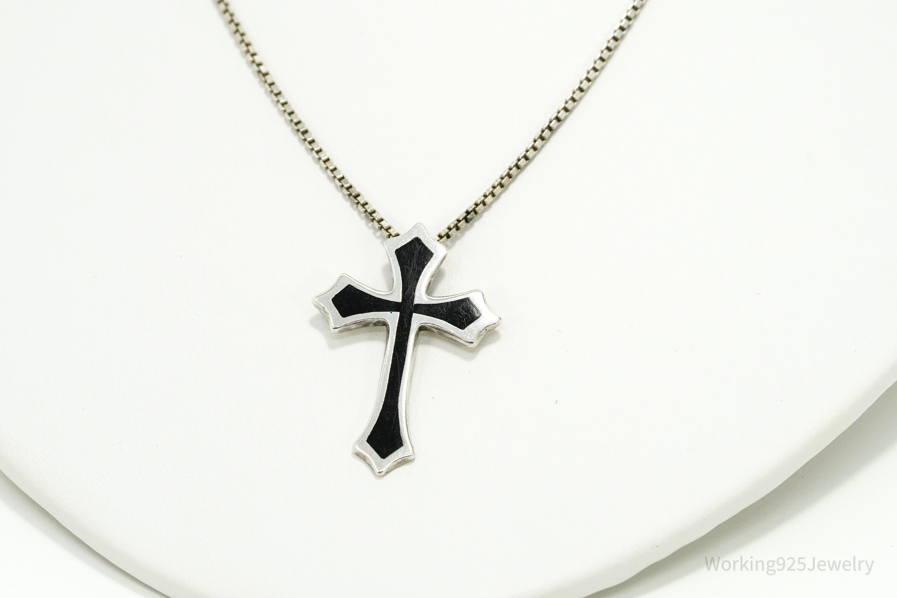 Vintage Black Enamel Inlay Sterling Silver Cross Necklace - 19"