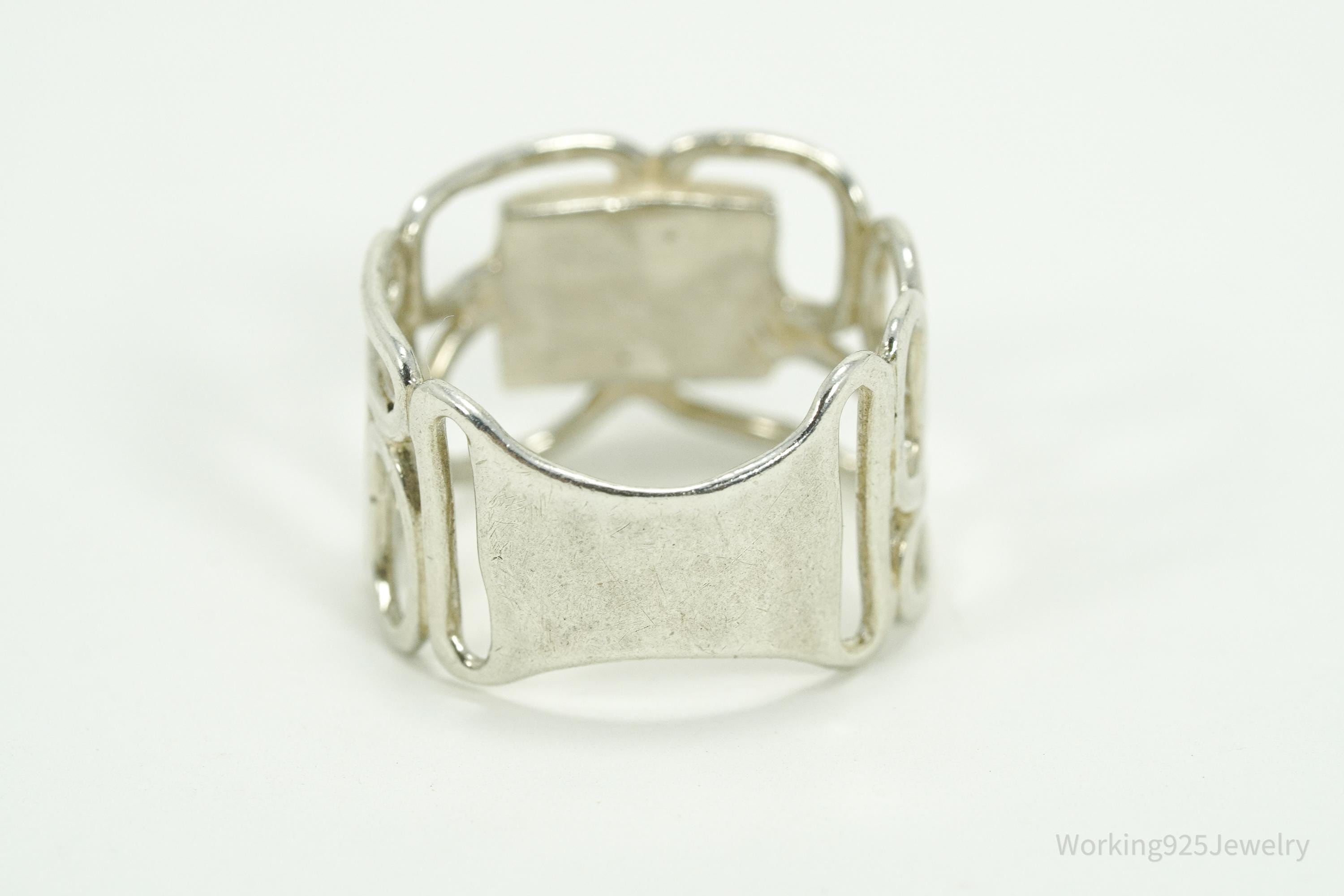 Vintage Teal Chalcedony Modernist Style Sterling Silver Ring - Size 6.75