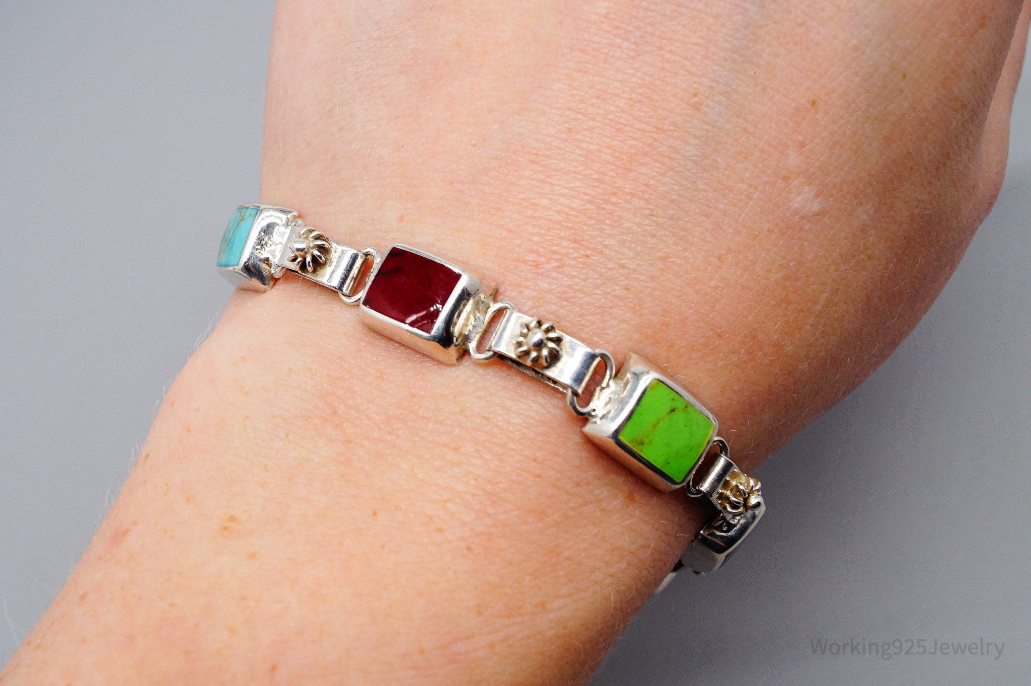 Vintage Mexico Multi Gemstone Inlay Sterling Silver Toggle Bracelet 8"