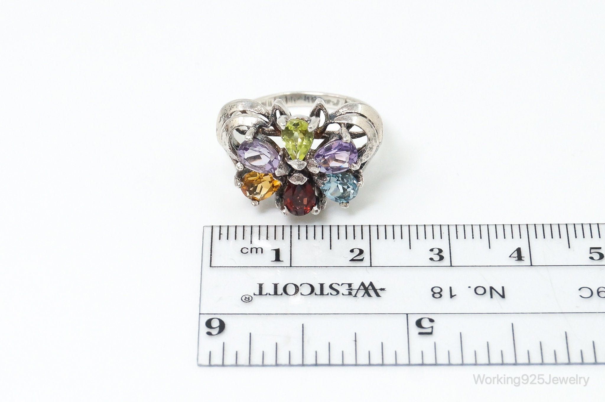 Vintage Multi Gem Sterling Silver Ring - Size 8.25