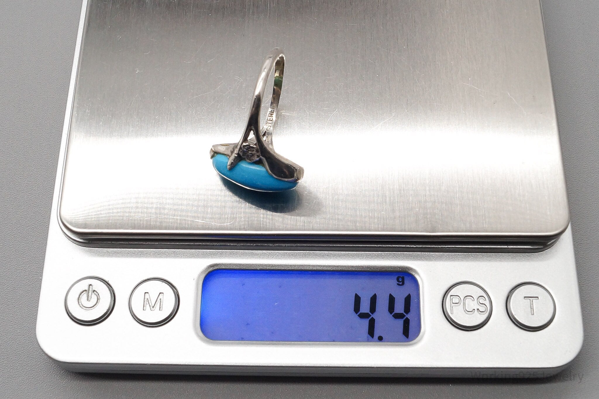 Vintage Native American Turquoise & Flowers Sterling Silver Ring - Size 8.75