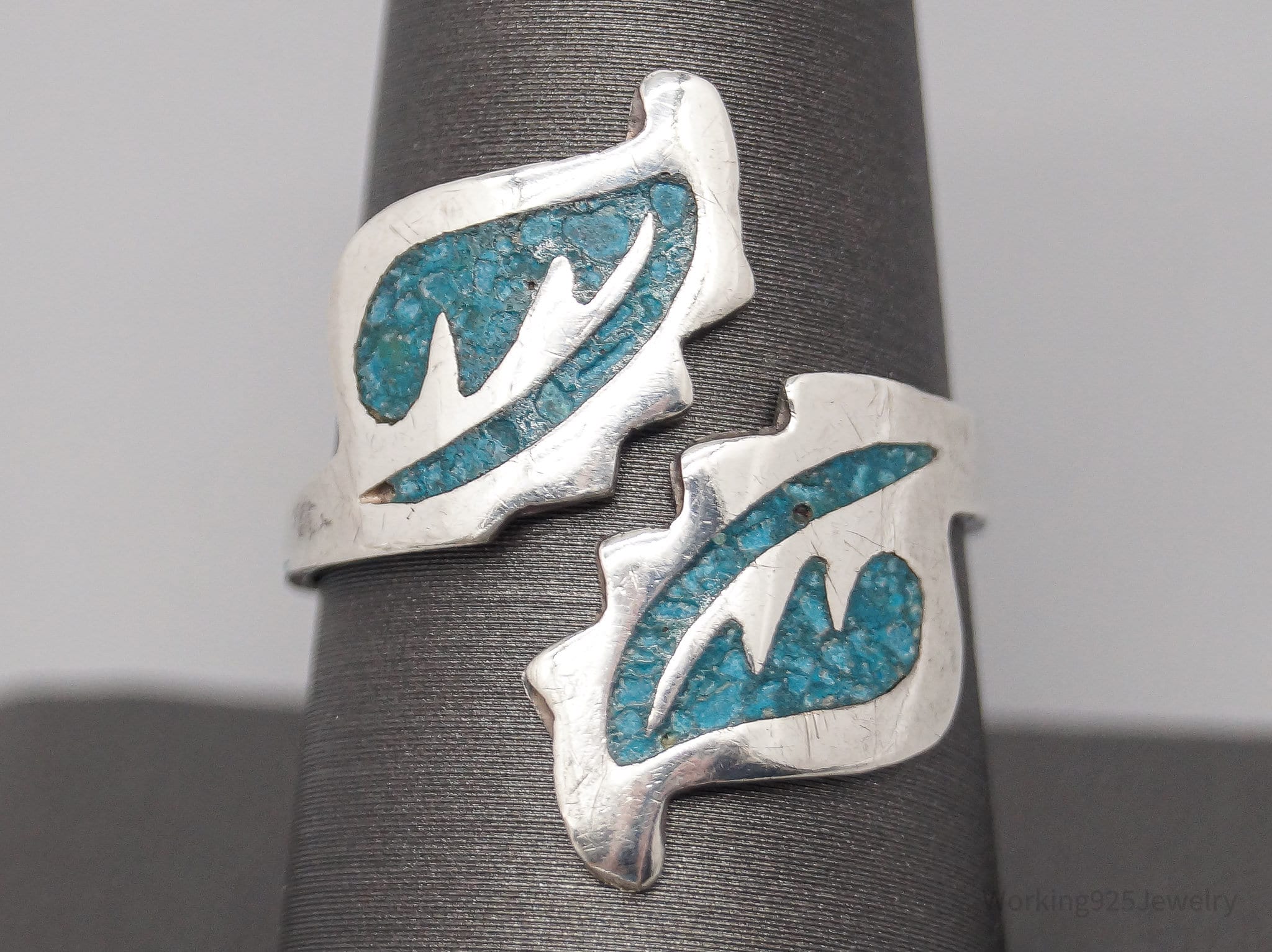 Vintage Mexican Turquoise Inlay Sterling Silver Ring - Size 9.5 Adjustable