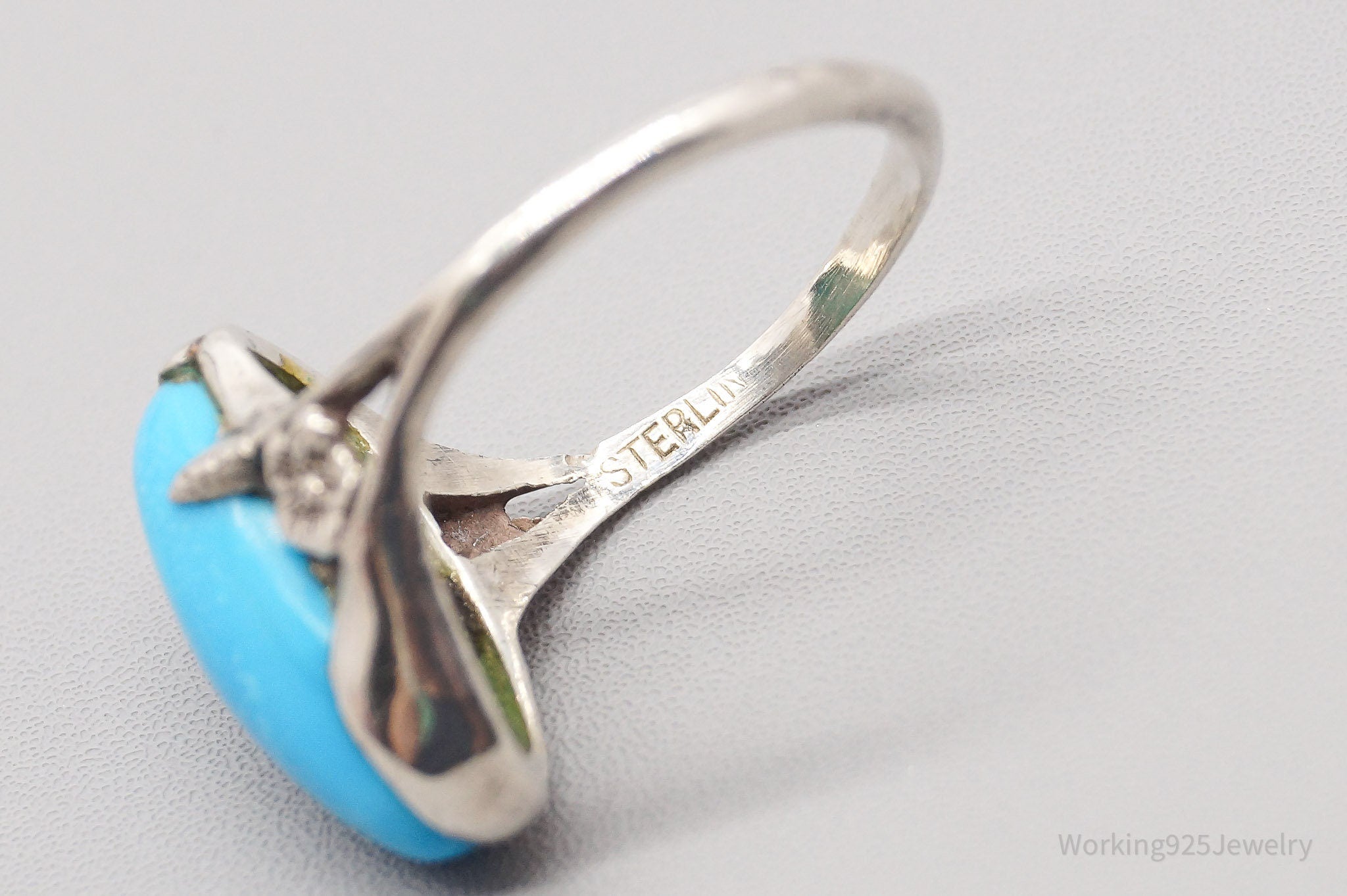 Vintage Native American Turquoise & Flowers Sterling Silver Ring - Size 8.75