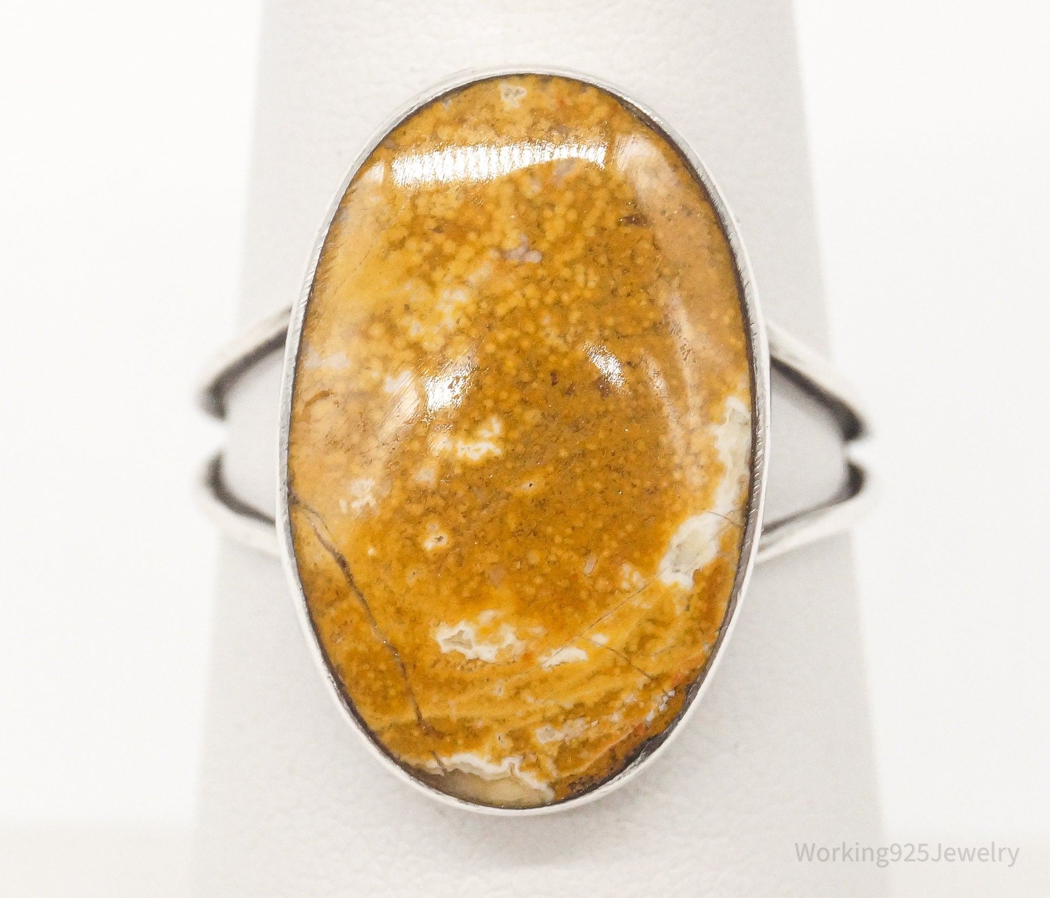 Vintage Yellow Brown Agate Silver Ring - Size 6