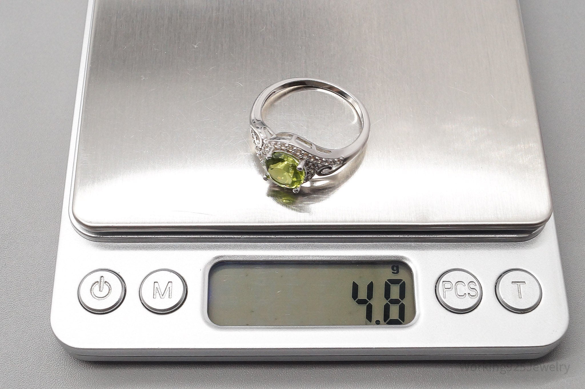 BBJ Manchurian Peridot White Zircon Rhodium Over Sterling Silver Ring - Size 12