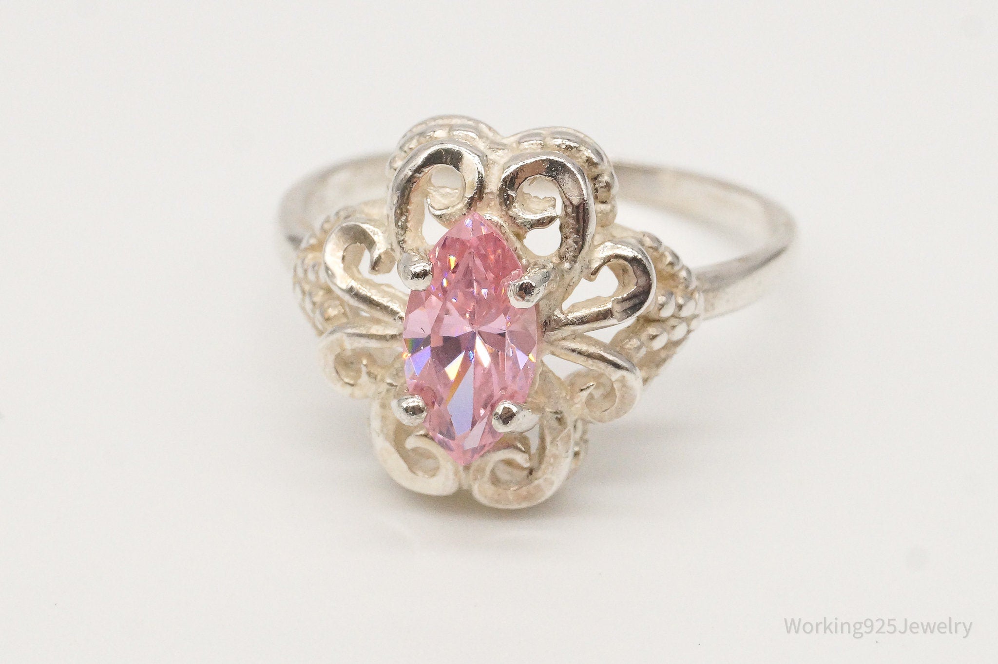 Vintage Pink Cubic Zirconia Sterling Silver Ring - Size 9.25