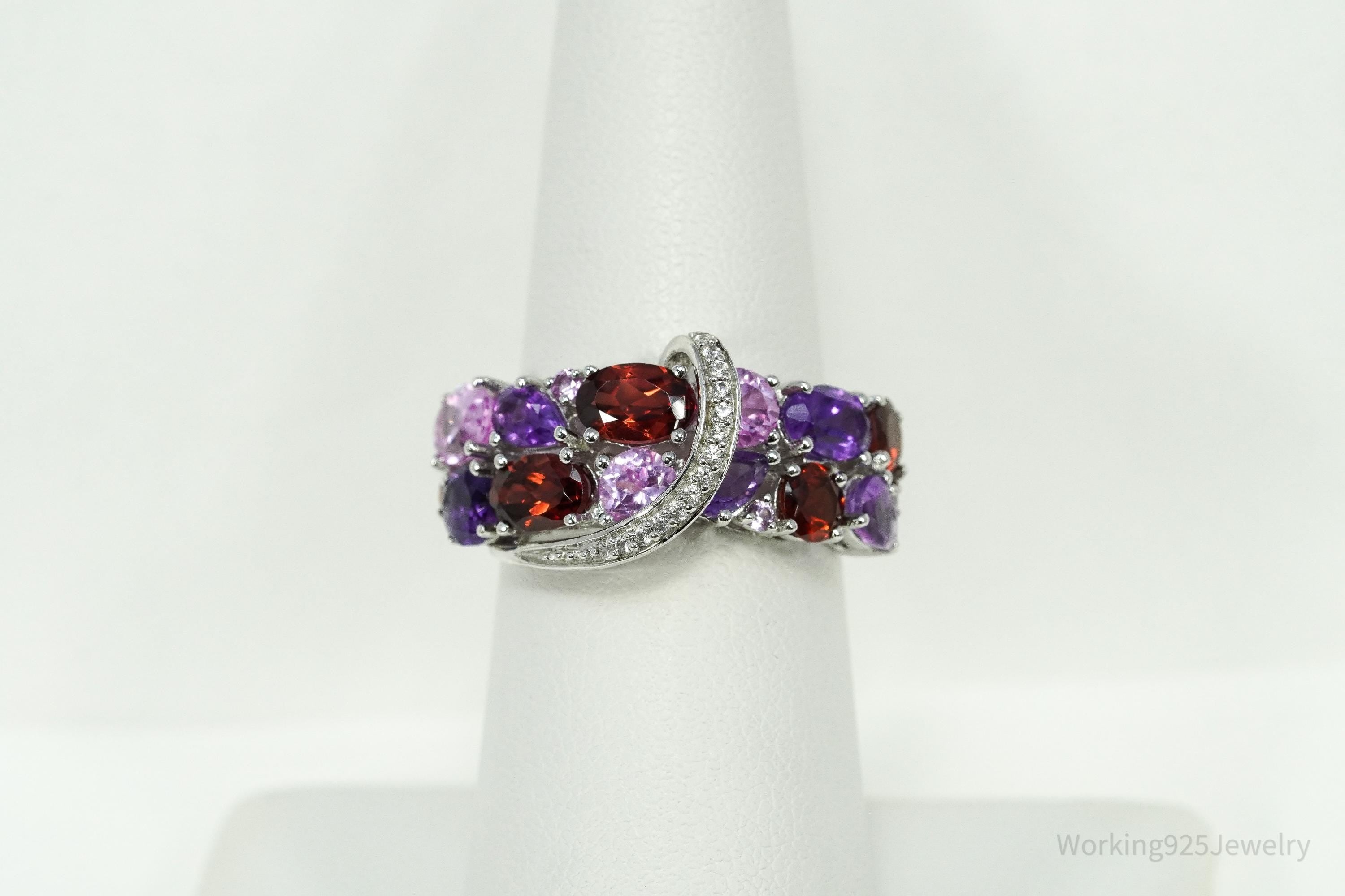 Multi-Shape Garnet, Amethyst, Pink & White Sapphire Sterling Silver Ring Size 7