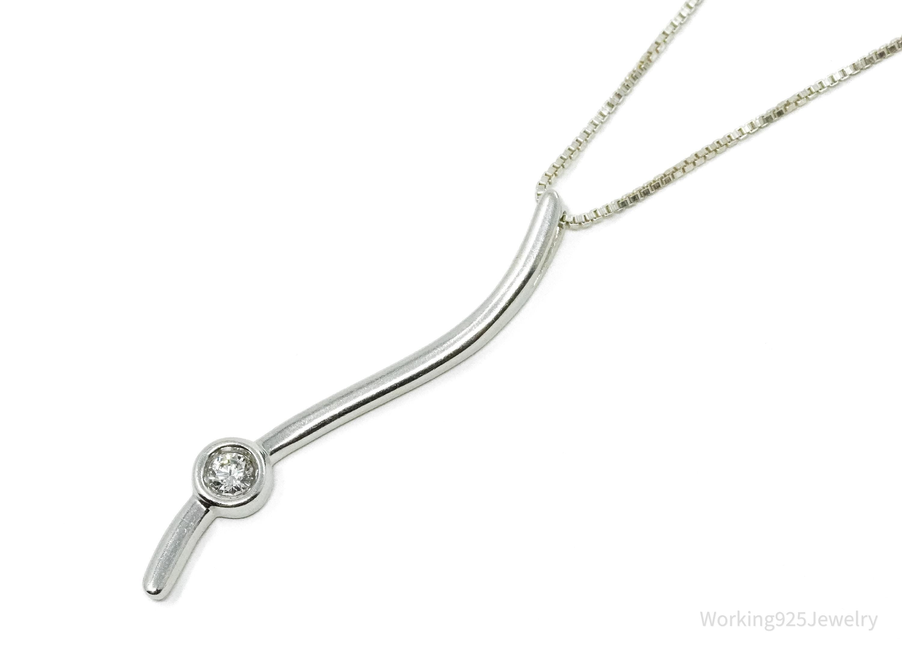 Solitaire Linear Ribbon Diamond Sterling Silver Necklace 16"