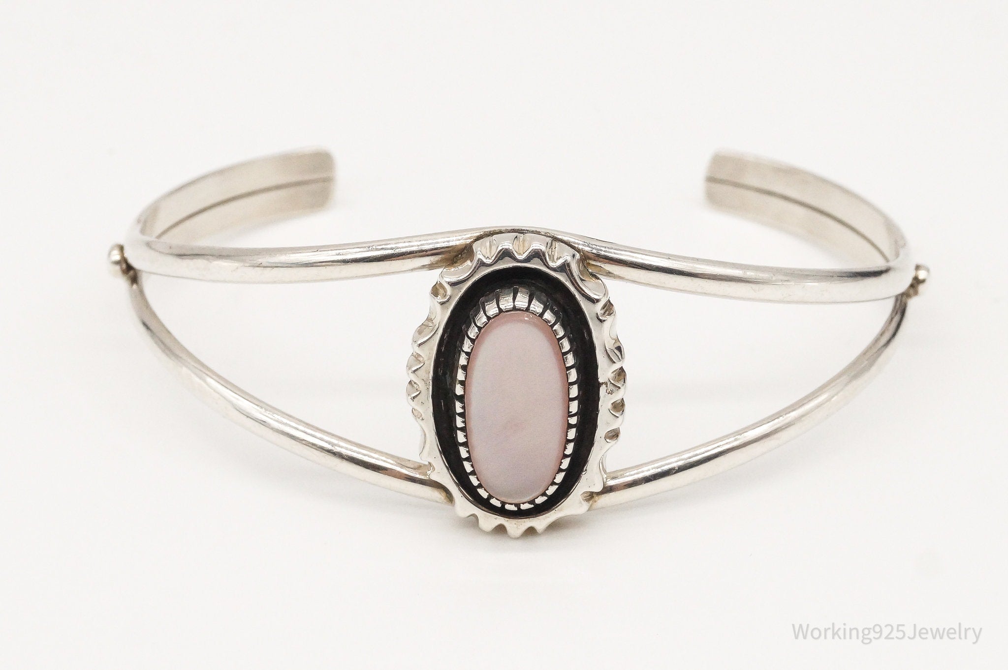 Vintage Native American Pink Mother Of Pearl Sterling Silver Cuff Bracelet