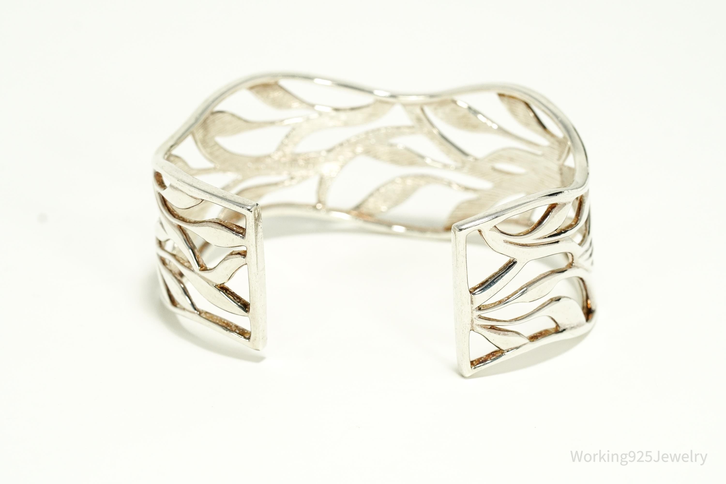 Vintage Leaf Pattern Sterling Silver Cuff Bracelet 6 7/8"