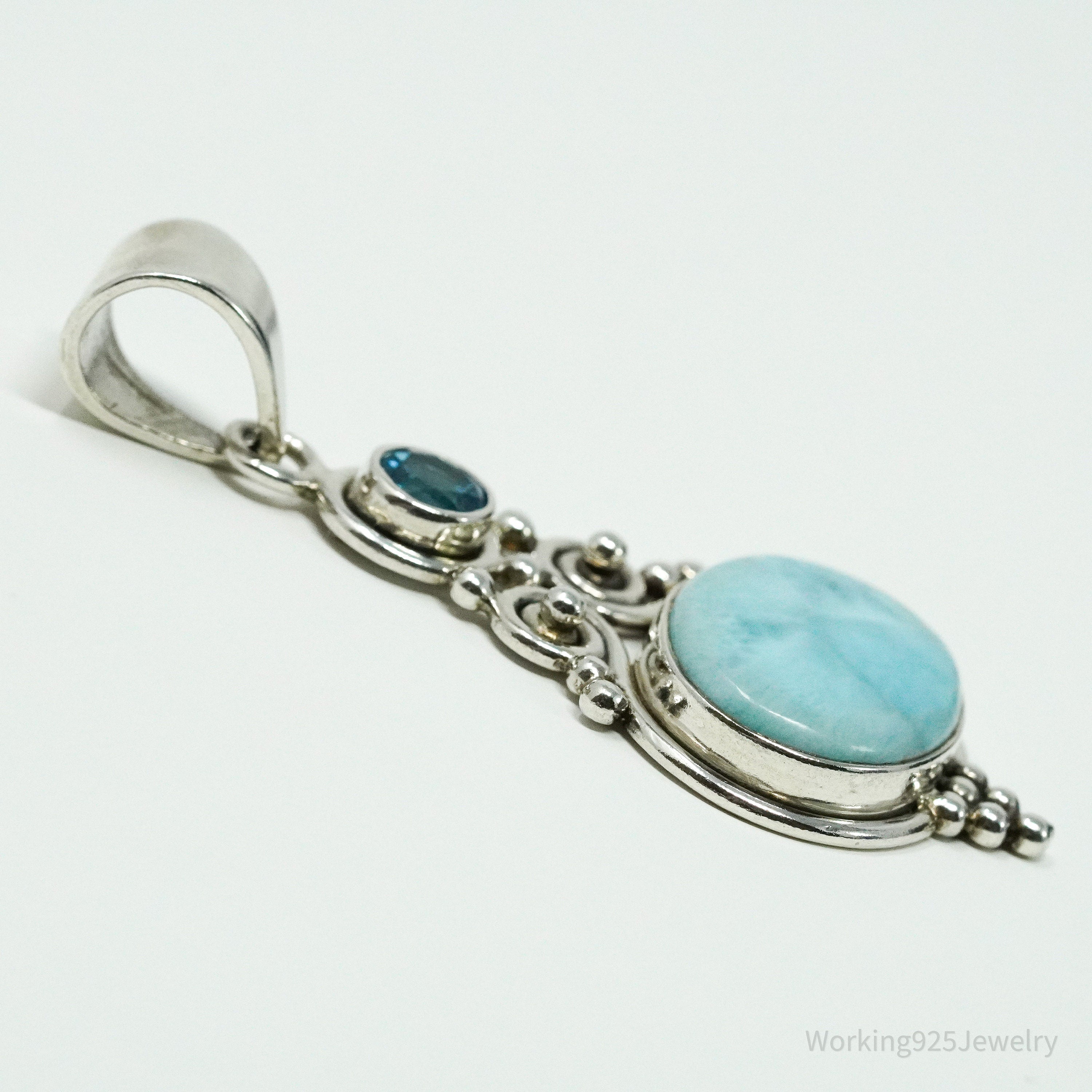Vintage Designer SJ Blue Larimar & Blue Topaz Sterling Silver Pendant