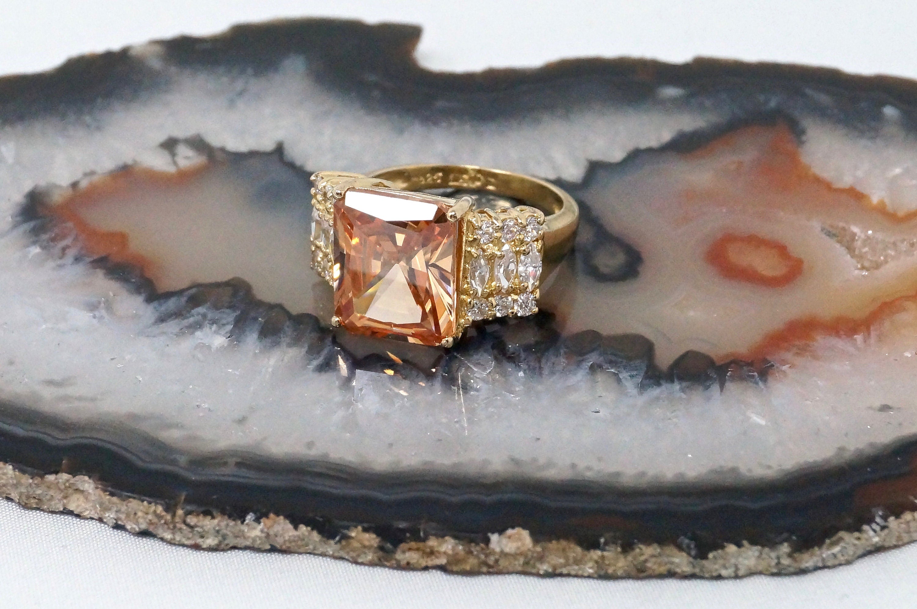 Vintage Art Deco Style Large Citrine Cz Accented Gold Vermeil Sterling Silver Statement Ring - Size 5.75