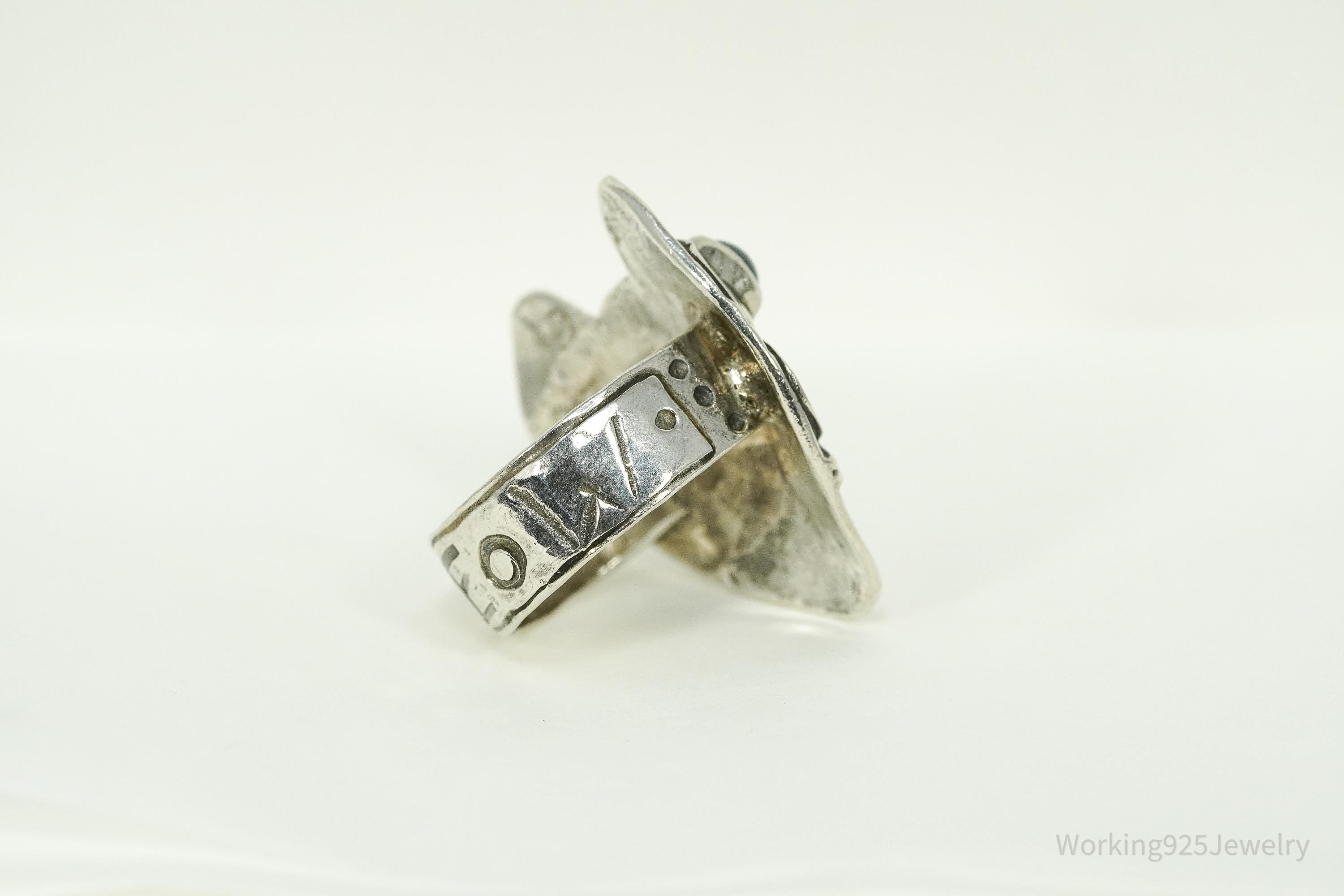 Vintage Large Cat Face With Evil Eye Motif Silver Ring - Size 7.5