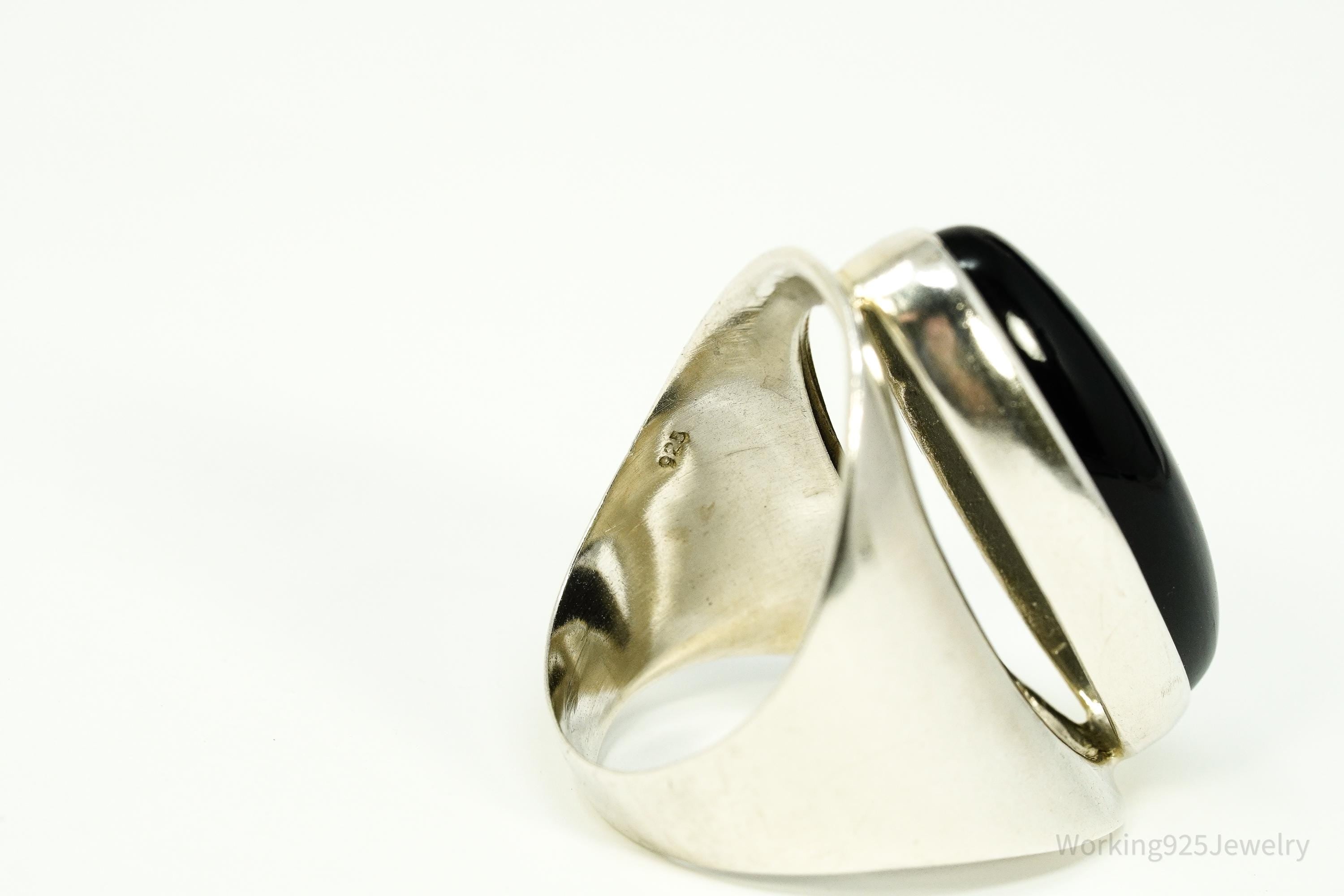 Vintage Black Onyx Modernist Style Sterling Silver Ring - Size 9.25