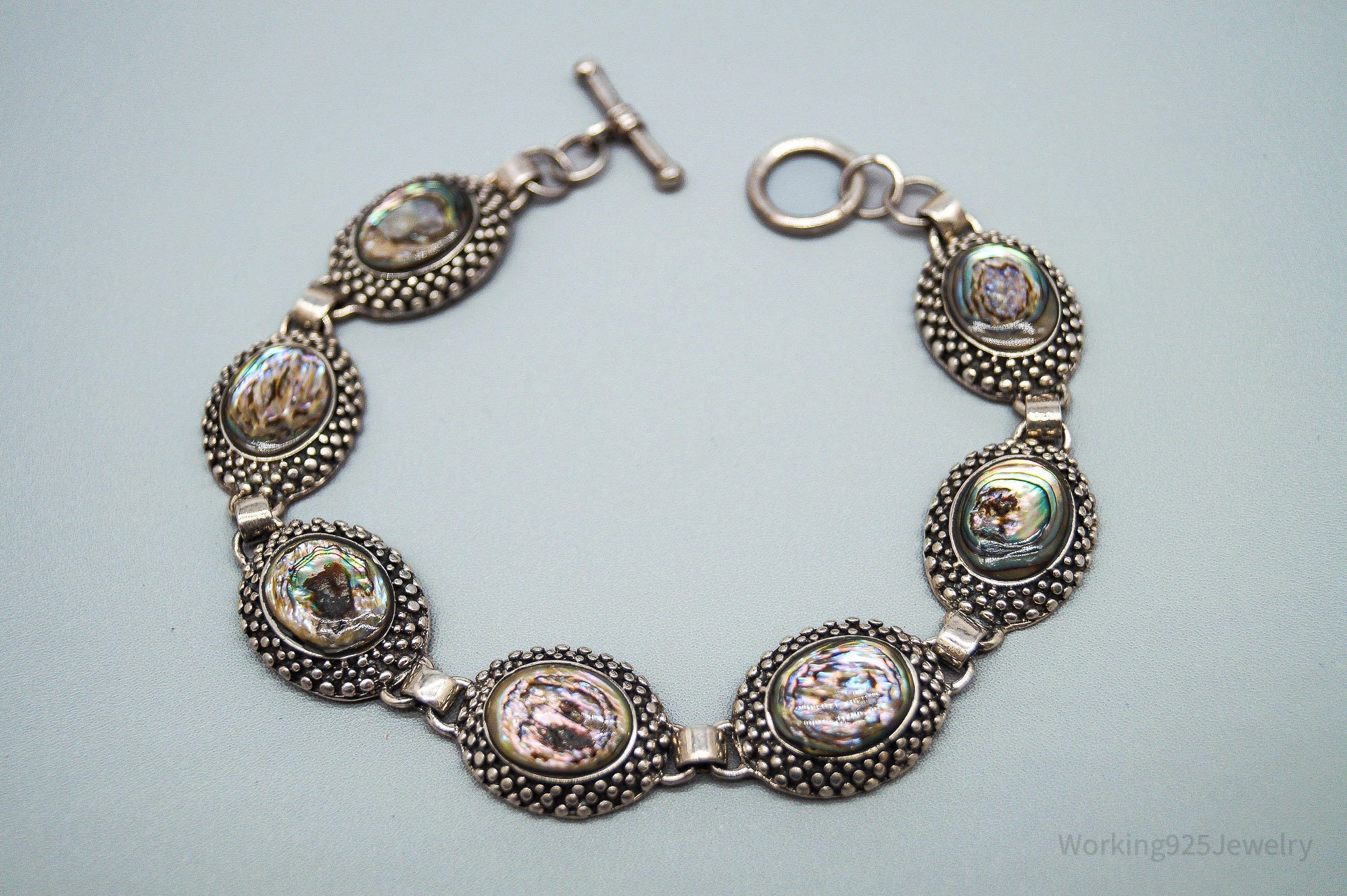 Vintage Paua Abalone Shell Inlay Sterling Silver Bracelet 8.25"
