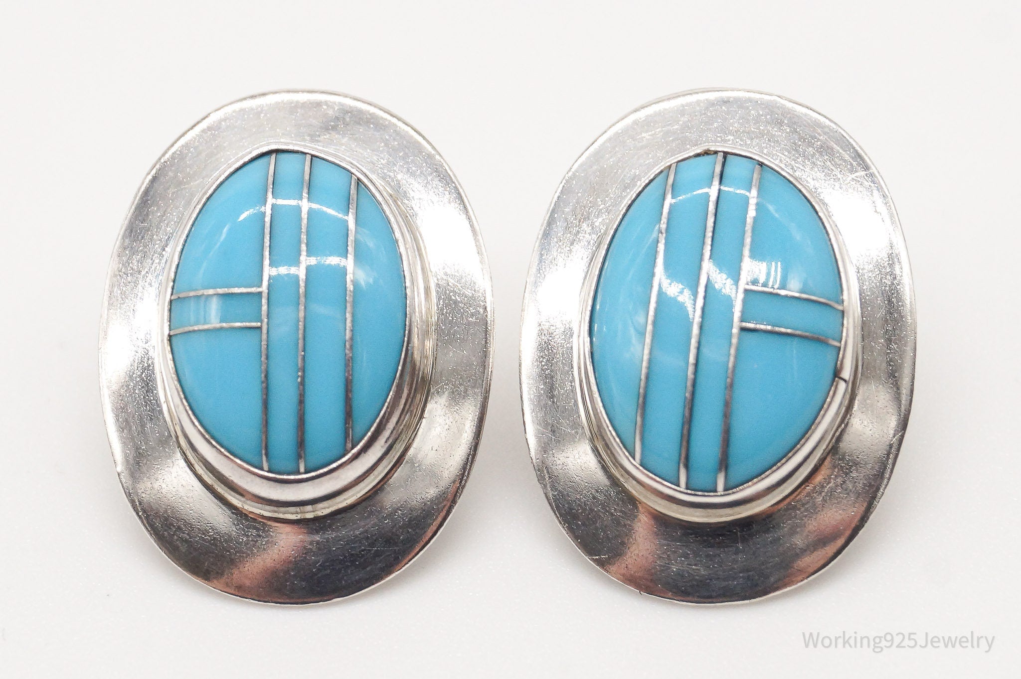 Vintage Native American Turquoise Inlay Sterling Silver Earrings