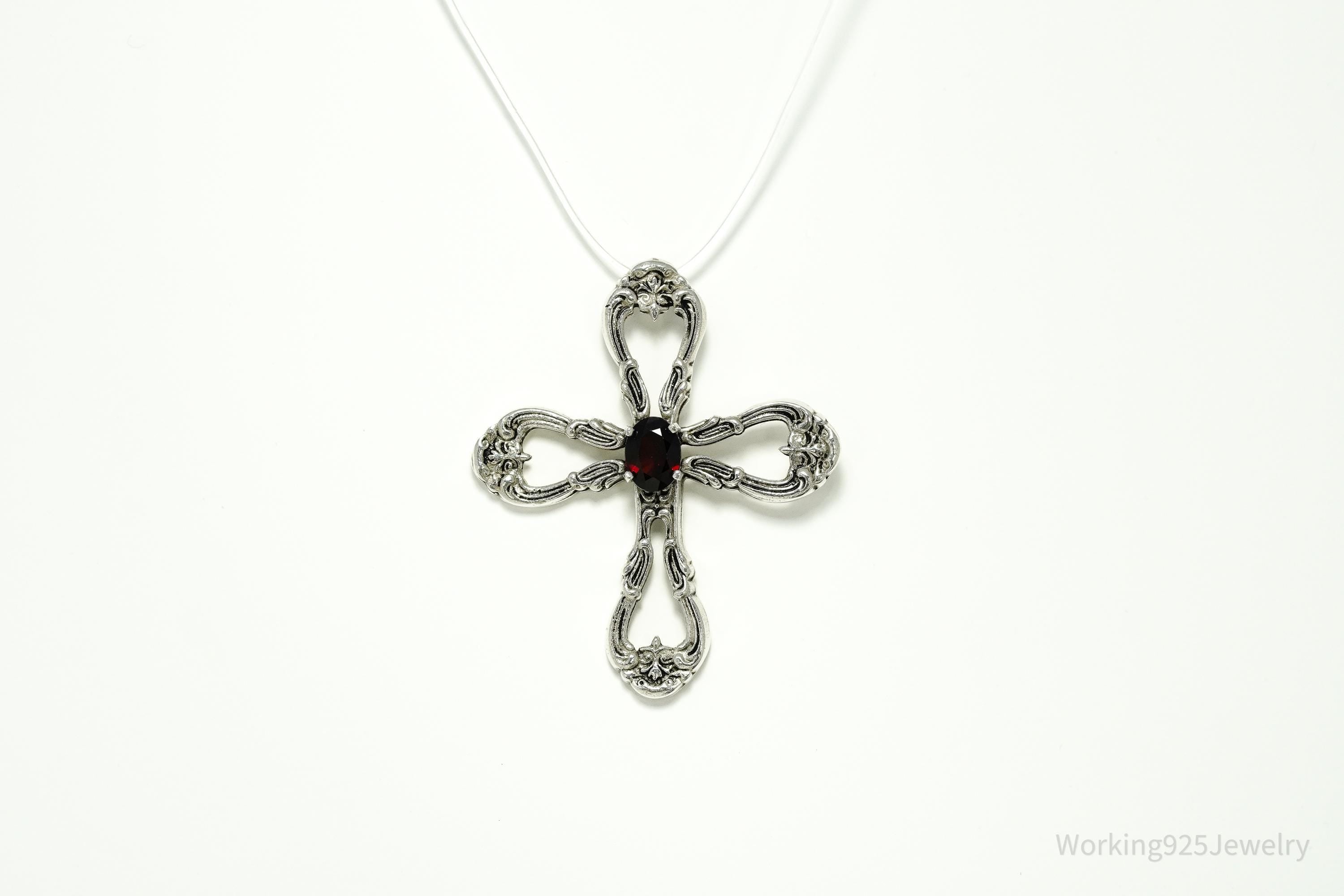 Vintage Designer Gorham Garnet Ornate Sterling Silver Cross Necklace Pendant
