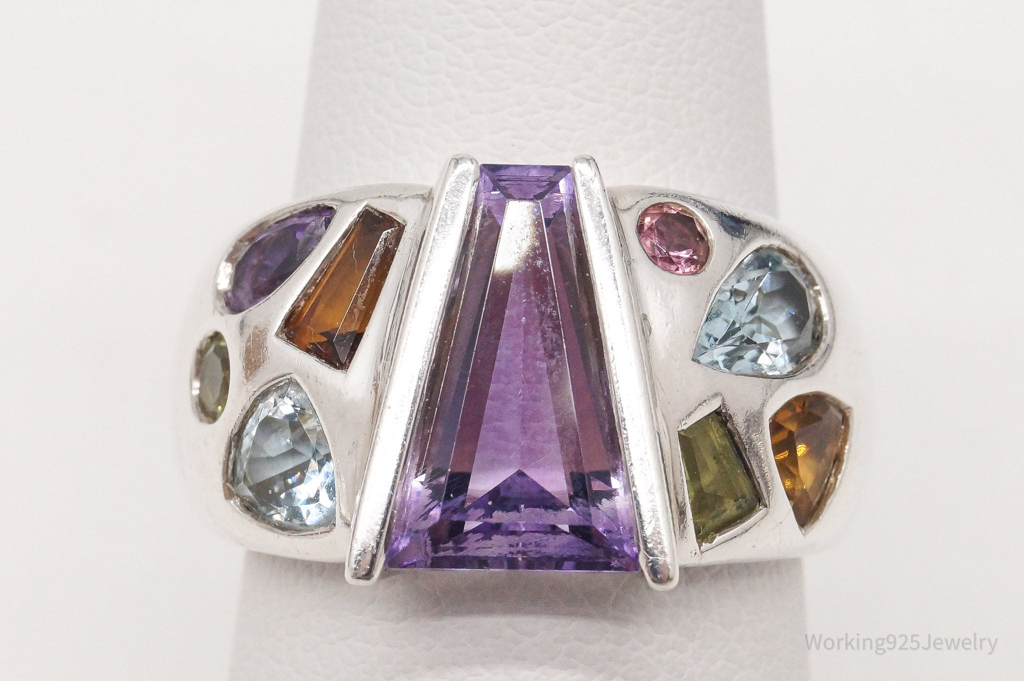 Vintage Multi Gemstone Sterling Silver Ring - Size 6.75