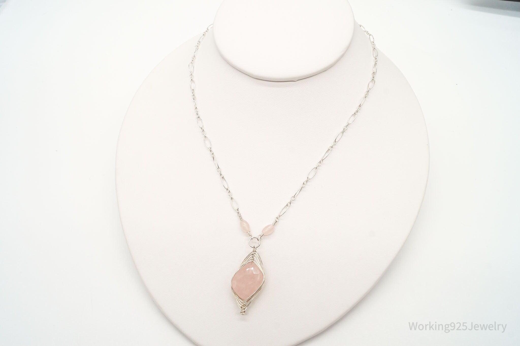 Vintage Large Rose Quartz Filigree Silver Necklace