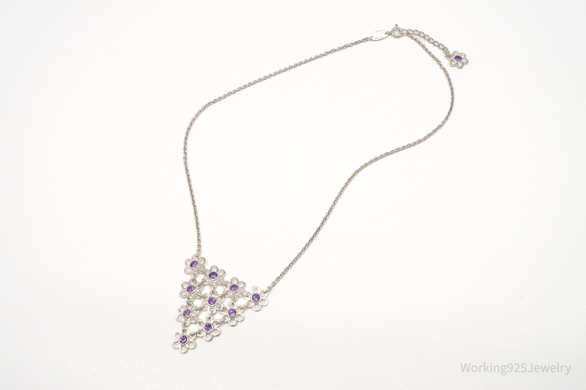 Vintage Amethyst Flowers Sterling Silver Chain Necklace 16"