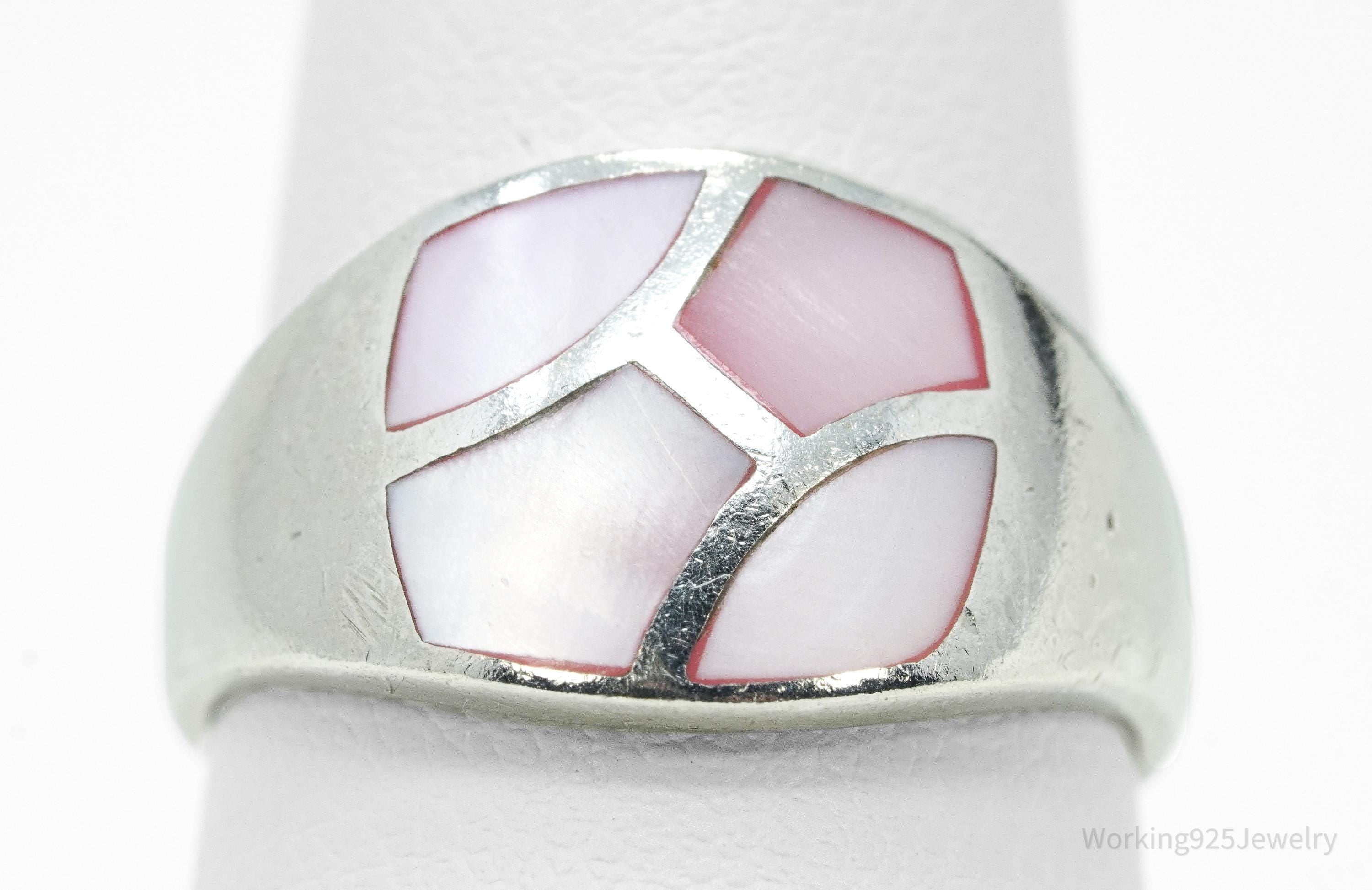 Vintage Pink Mother Of Pearl Inlay Sterling Silver Ring - Size 7.75